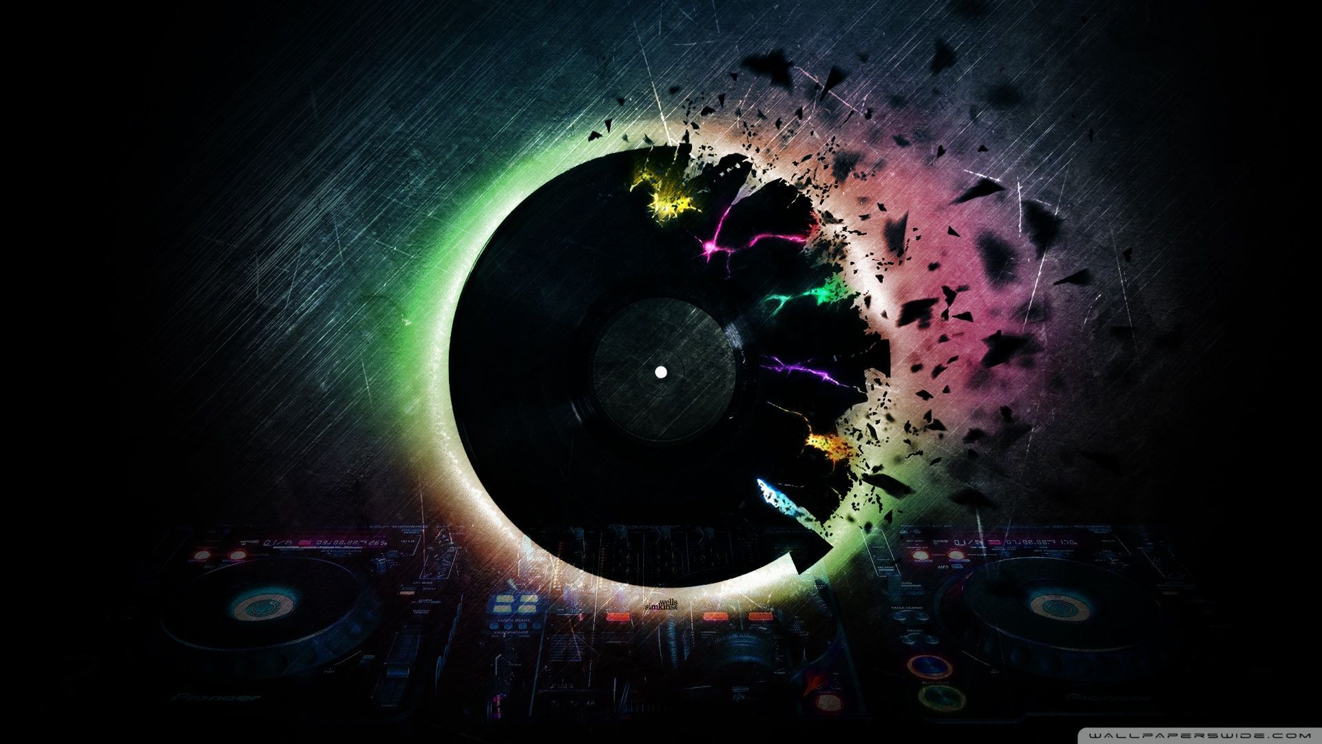 Schallplatte, Eklipse, DJ-Pult, Bunte Splitter, Digitale Kunst, 1920x1080, Desktop-Hintergrund