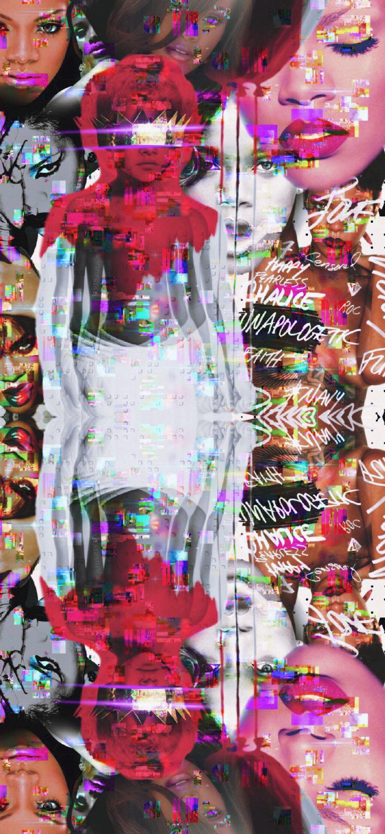 Rihanna, Spiegelung, Collage, Rote Lippen, Kaleidoskop, Full HD, Handy-Hintergrund im Hochformat