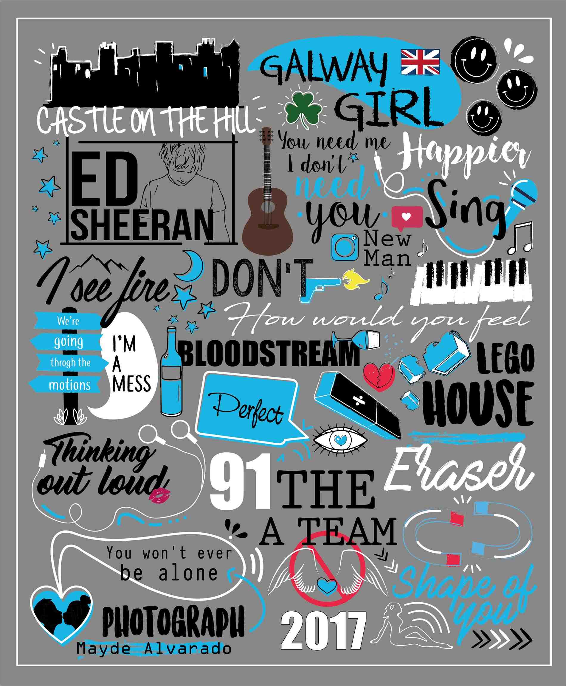 Ed Sheeran, Songtitel, Castle on the Hill, Galway Girl, Typografie-Collage, QHD+, Tablet-Hintergrund