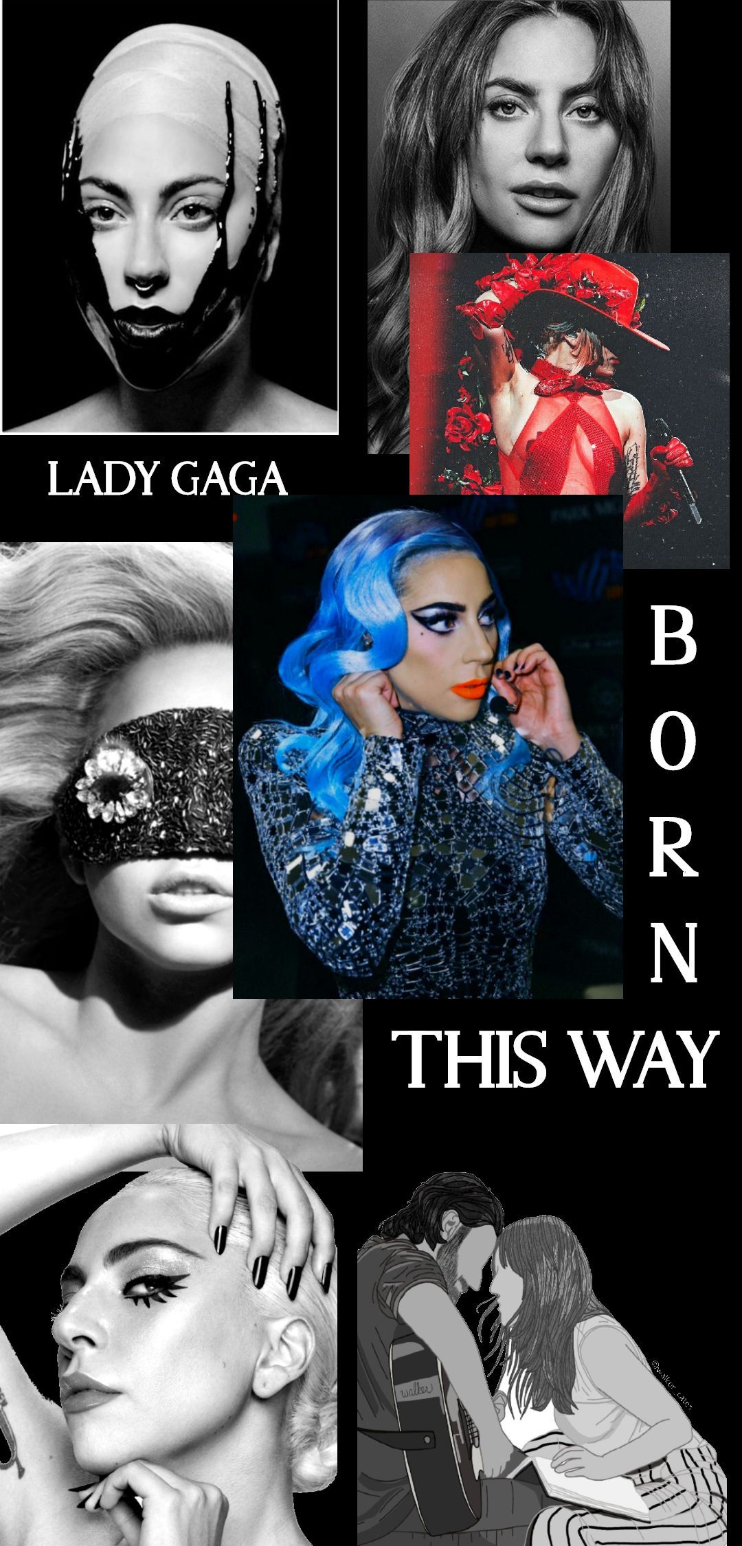 Lady Gaga, Born This Way, Collage, Schwarzweiß, Blaue Perücke, Full HD, Handy-Hintergrund