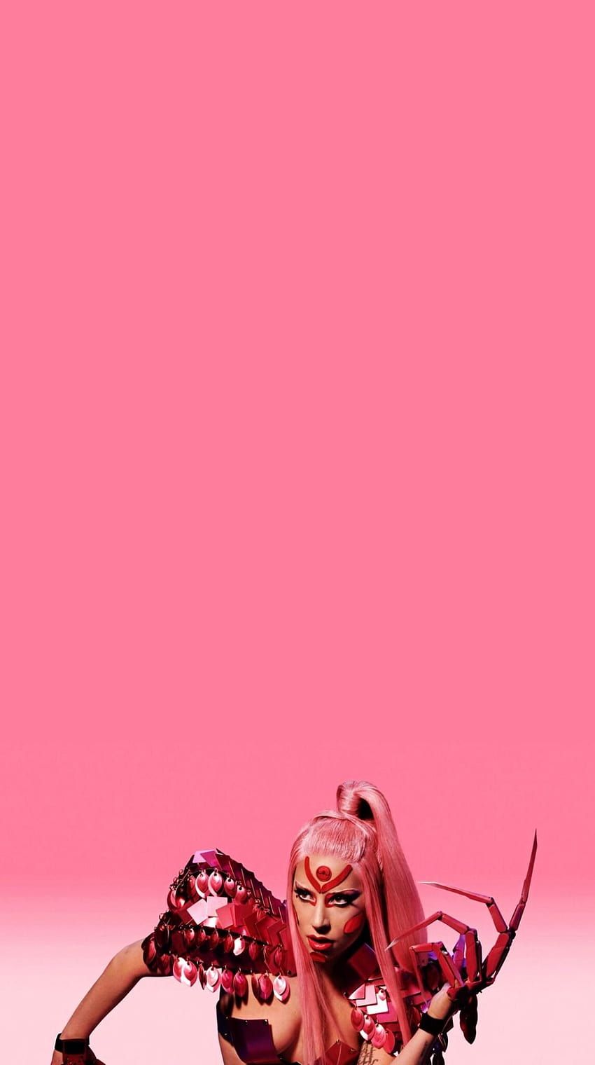 Lady Gaga, Rosa Hintergrund, Minimalismus, Rotes Outfit, Pop, Sperrbildschirm fürs iPhone
