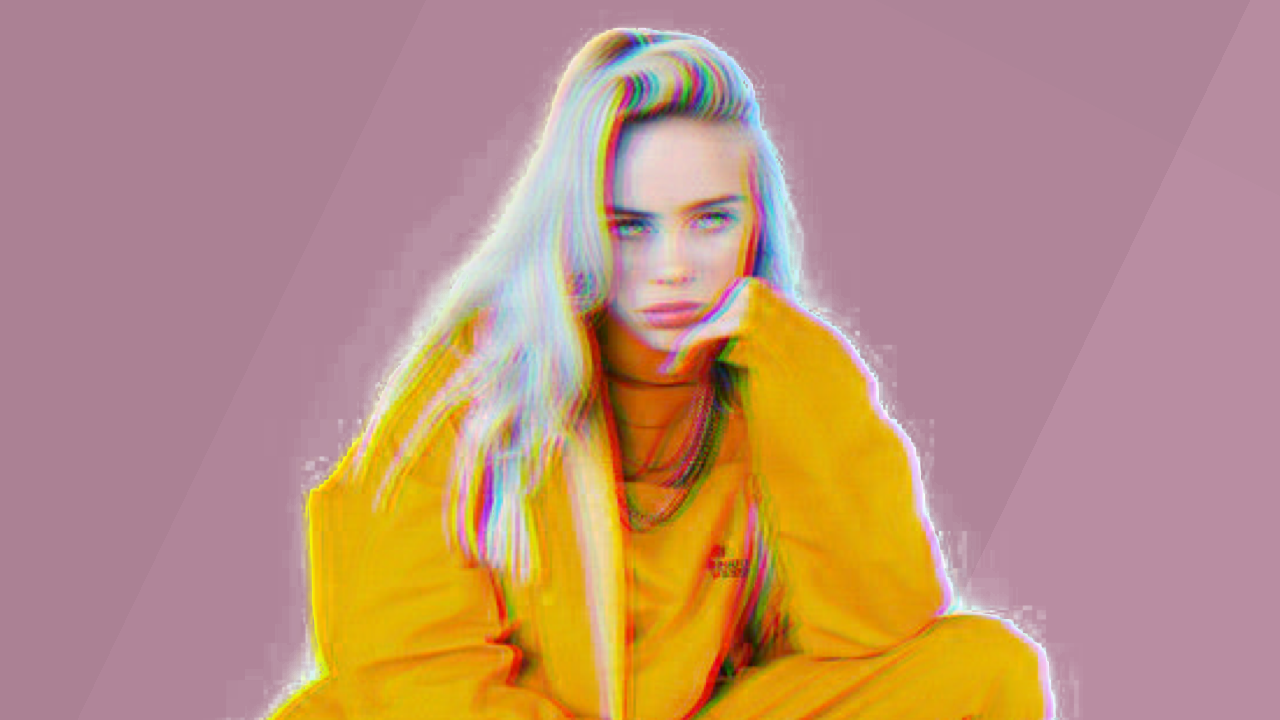 Billie Eilish, Gelbes Outfit, Glitch, Altrosa, 16:9, HD-Hintergrundbild für den Desktop