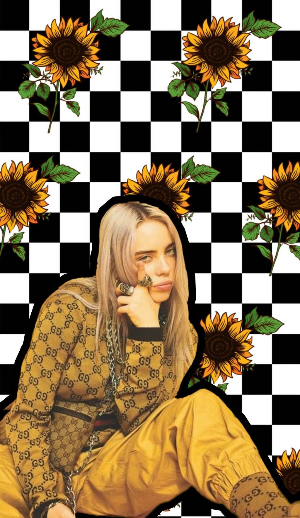 Billie Eilish, Sonnenblumen, Schachbrettmuster, Gucci-Look, HD, Handy-Hintergrund