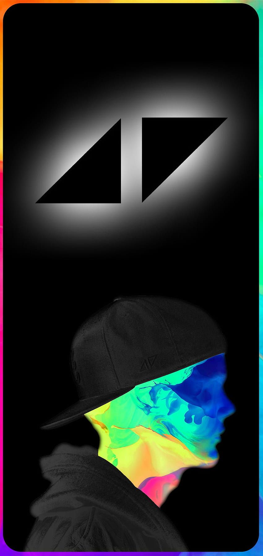 Avicii, Logo, Kappe, Regenbogenfarben, Schwarz, HD, Handy-Hintergrund im Hochformat