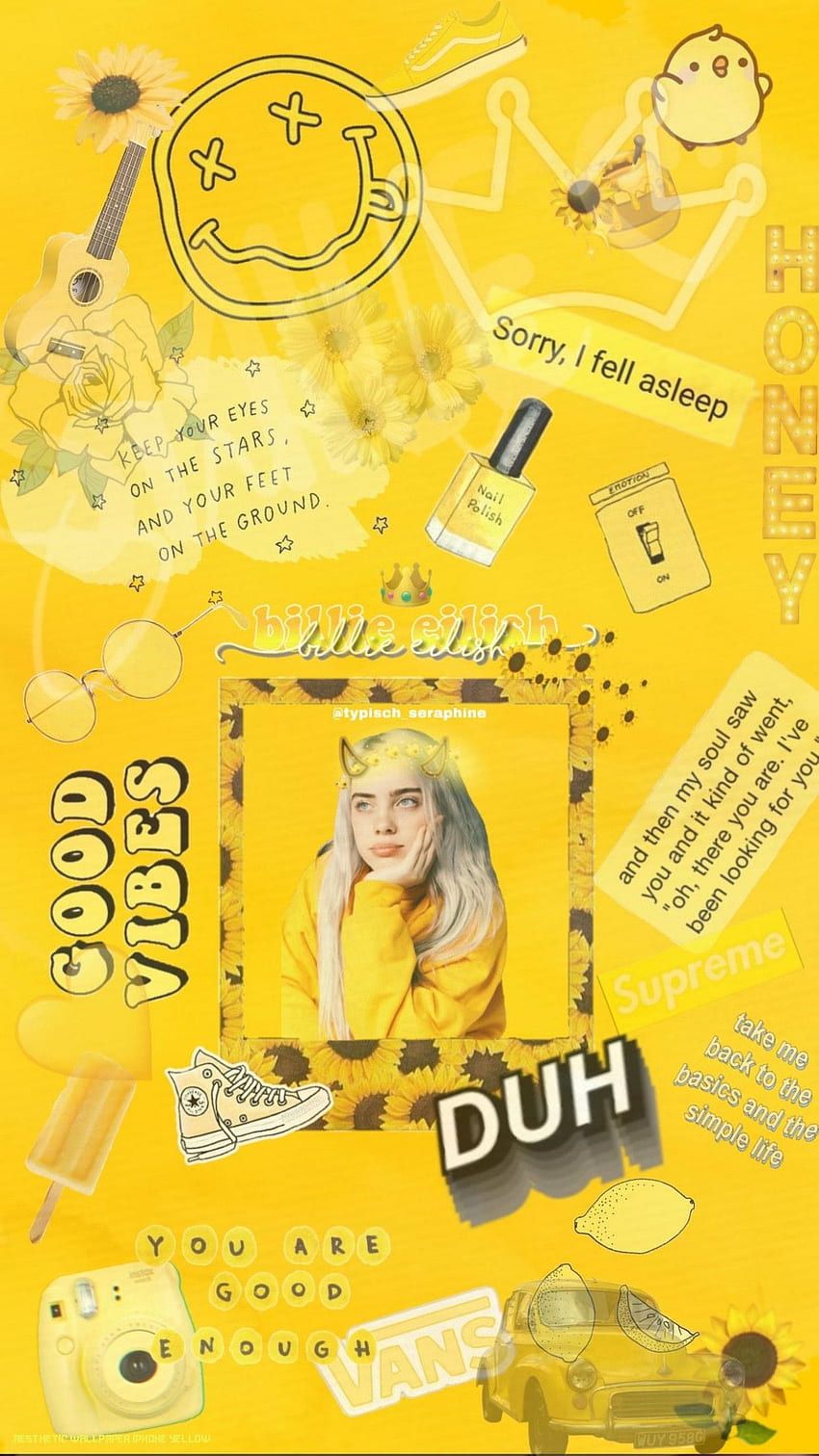 Billie Eilish, Collage, Gelb, Duh, Smiley, HD, Handy-Hintergrund im Hochformat