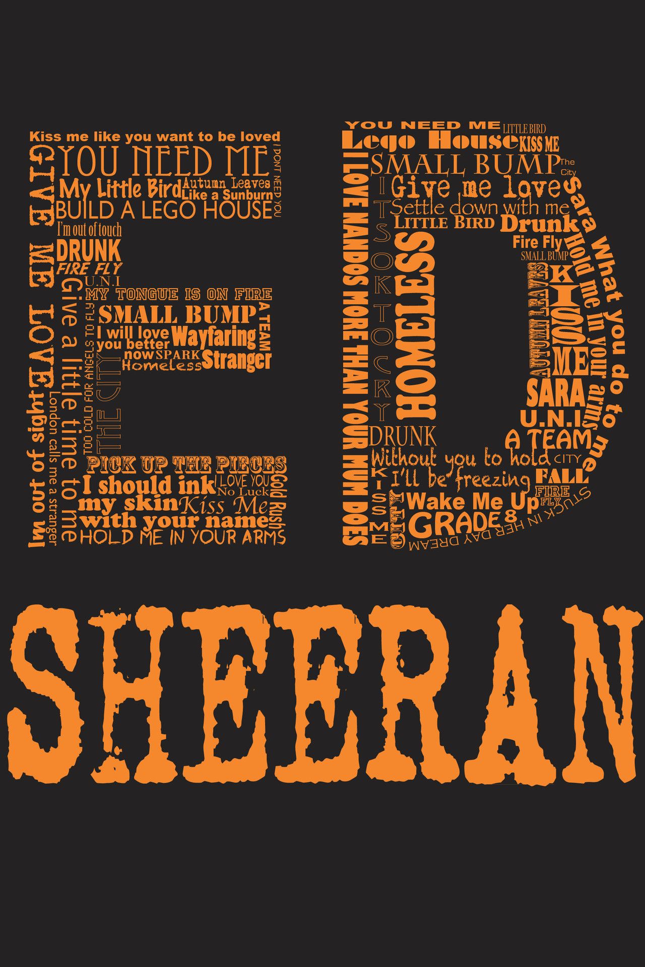 Ed Sheeran, Typografie, Songtitel, Orange, Schwarzer Hintergrund, Sperrbildschirm fürs iPhone