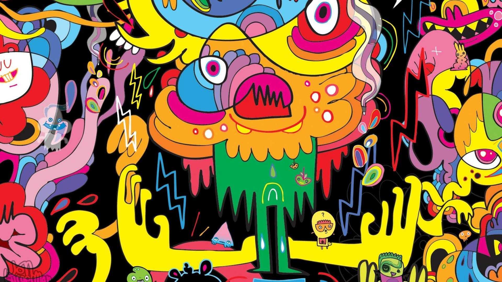 Pop-Art, Monster, Bunt, Illustration, Doodle, 16:9, Full-HD-Hintergrundbild für den Desktop