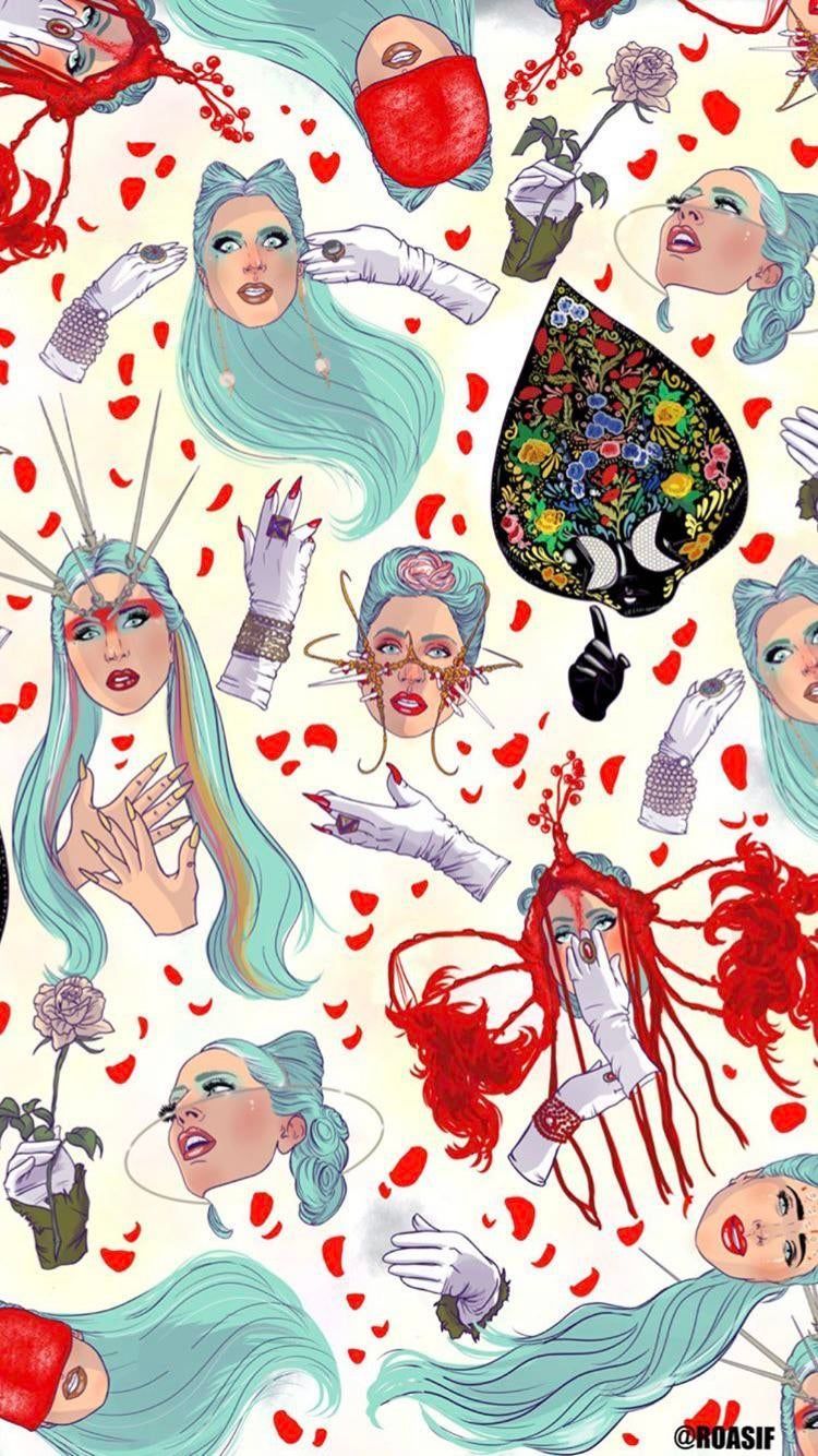 Lady Gaga, Muster, Illustration, Türkise Haare, Rot und Weiß, HD, Handy-Hintergrundbild
