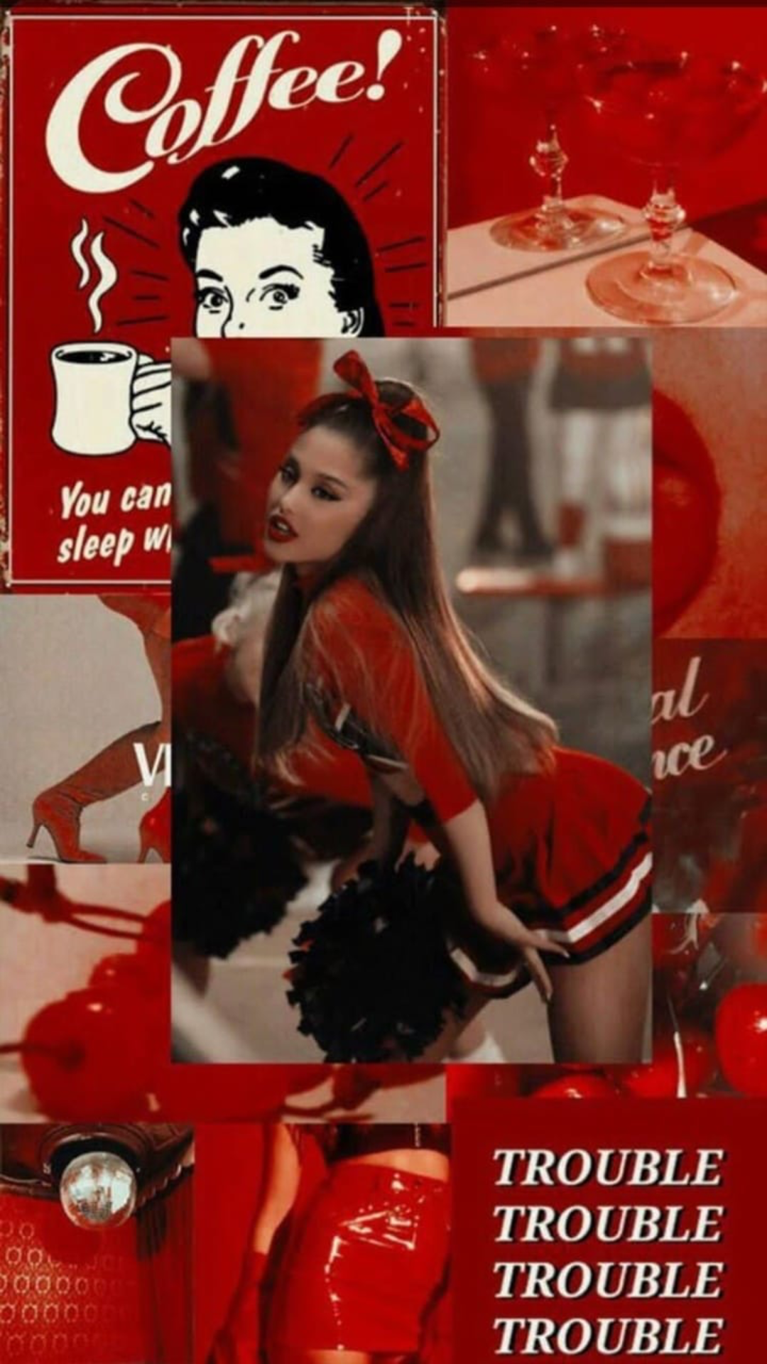 Ariana Grande, Collage, Retro, Rot, Kaffee, Hochformat, Hintergrundbild fürs Smartphone