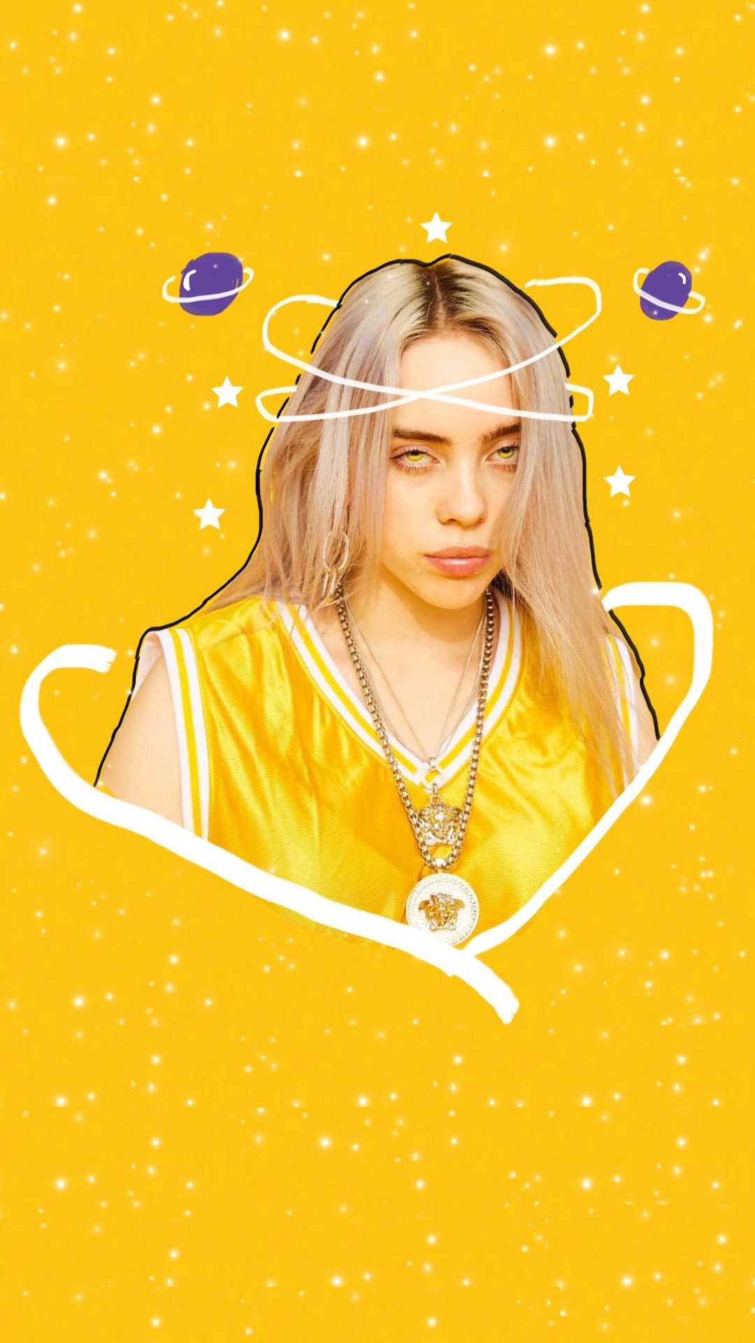 Billie Eilish, Gelber Hintergrund, Sterne, Doodle, Full HD, Sperrbildschirm fürs iPhone
