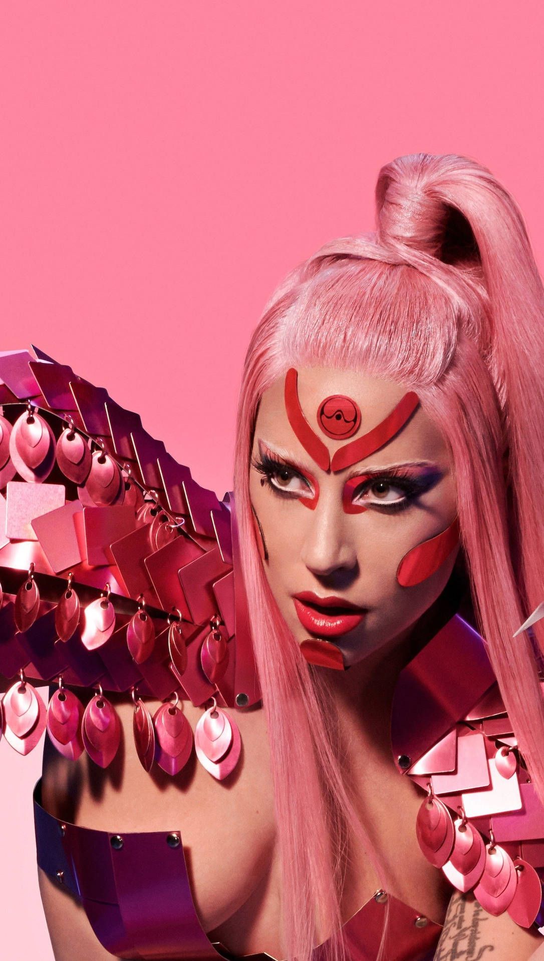 Lady Gaga, Chromatica, Pinker Pferdeschwanz, Gesichtsbemalung, Rosa, Full HD, iPhone-Hintergrundbild