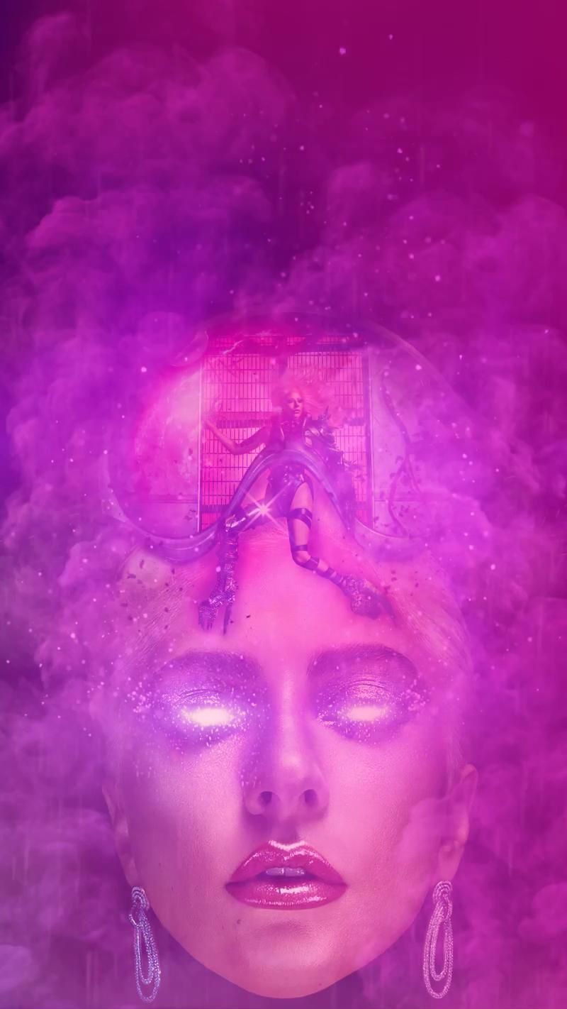 Lady Gaga, Lila Nebel, Digitale Kunst, Leuchtende Augen, Mystisch, Android-Hintergrundbild