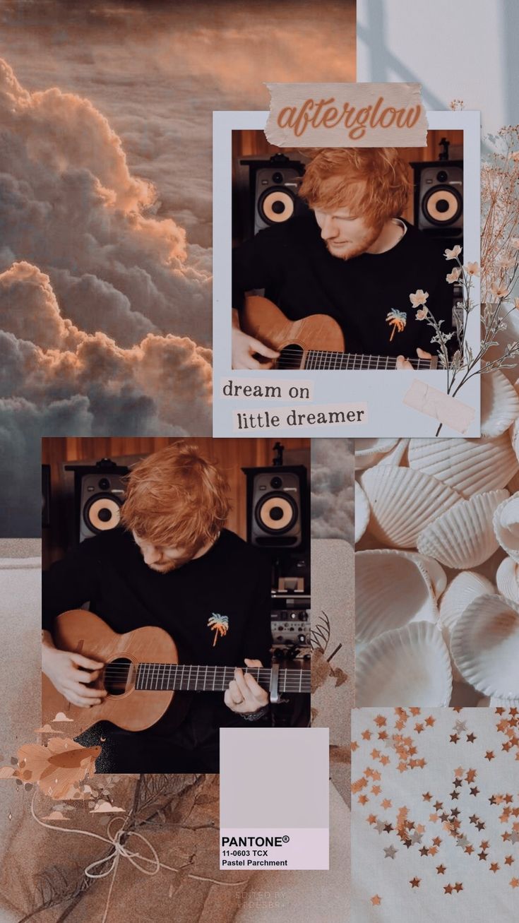Ed Sheeran, Collage, Ästhetik, Wolken, Beige, Hochformat, Hintergrundbild fürs Smartphone