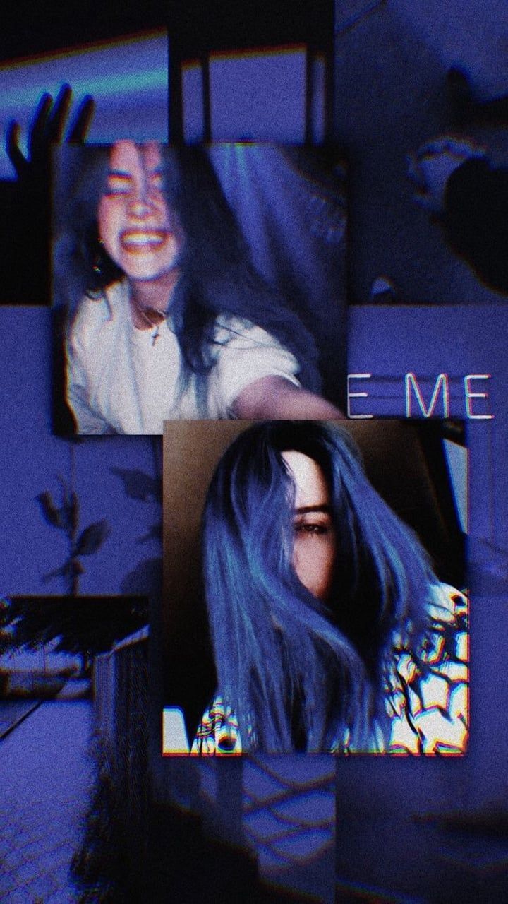 Billie Eilish, Blaue Haare, Collage, Dunkelblau, HD, Hintergrundbild fürs Handy