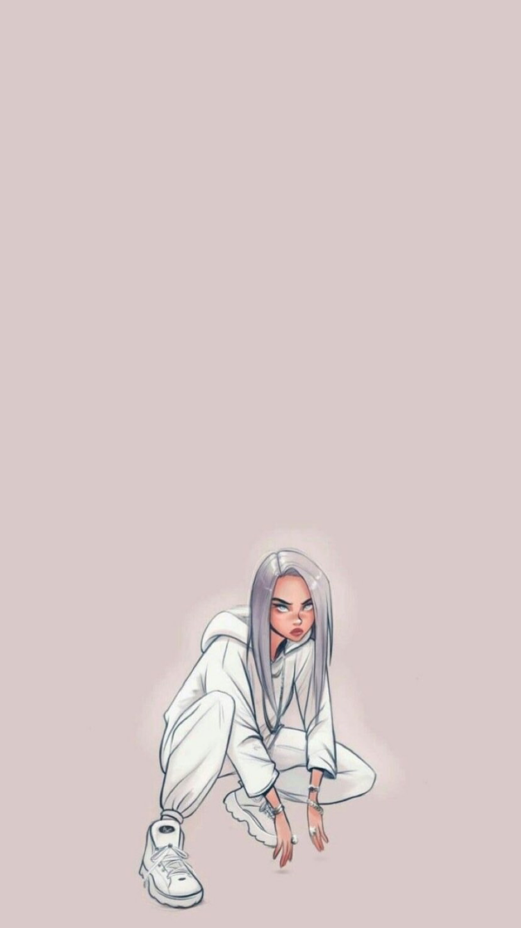 Billie Eilish, Hocken, Weißes Outfit, Grau, Hochformat, Hintergrundbild fürs Smartphone
