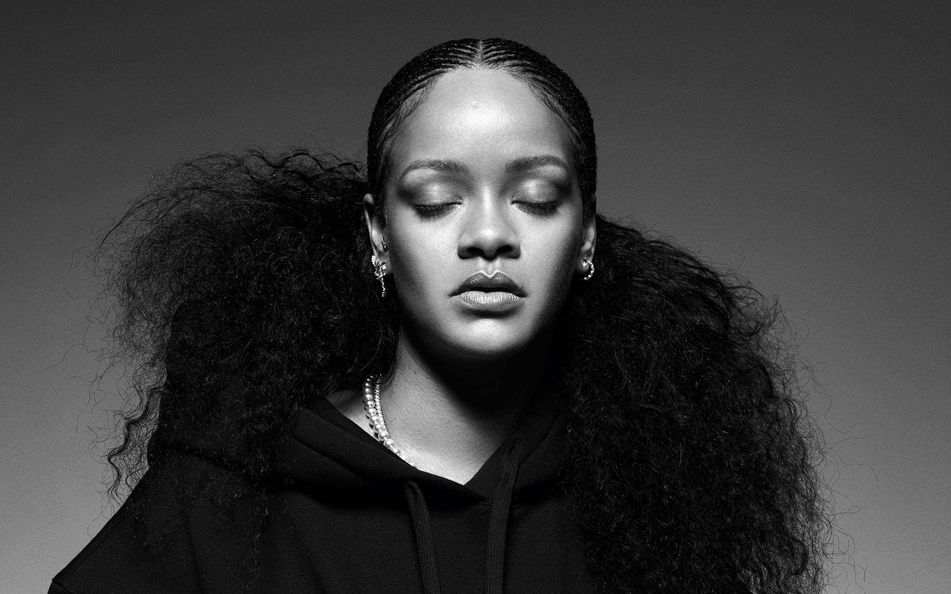Rihanna, Schwarz-Weiß, Volumenhaar, Porträt, Hoodie, Full HD, Desktop-Hintergrund für Windows