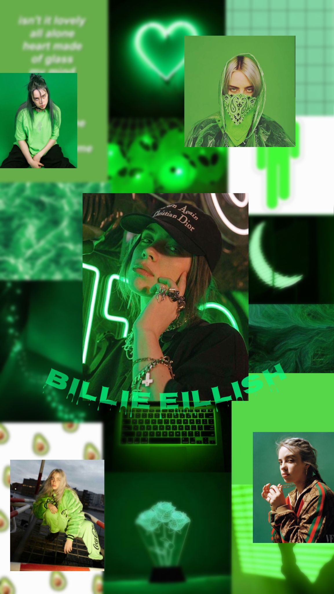 Billie Eilish, Collage, Neongrün, Schwarz, Full HD, Handy-Hintergrund im Hochformat