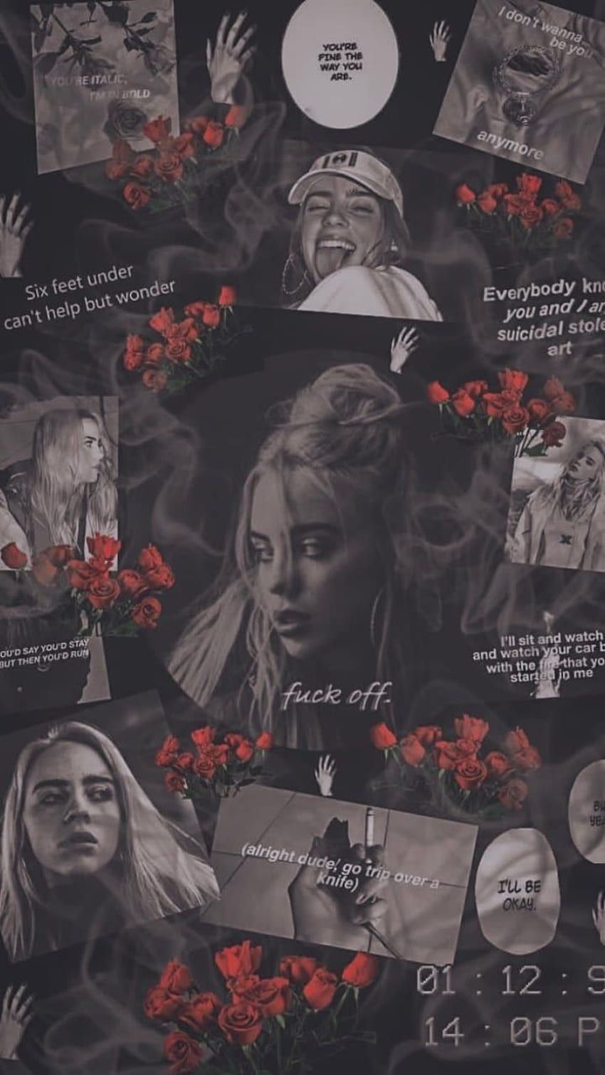 Billie Eilish, Collage, Rosen, Dunkelgrau, Hintergrundbild für iPhone und Android
