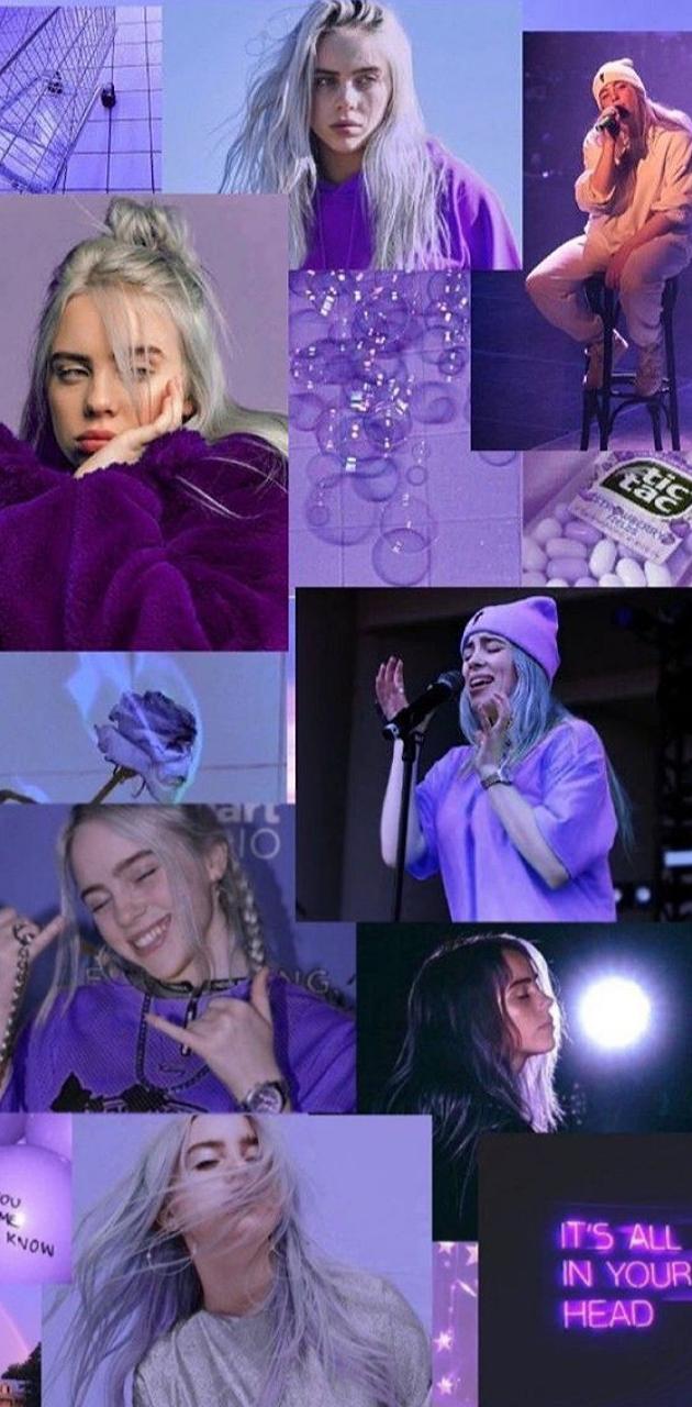 Billie Eilish, Collage, Lila, Neon, Hochformat, Hintergrundbild fürs Smartphone
