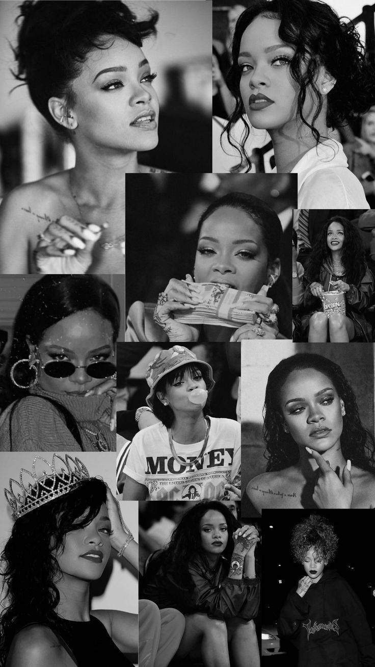 Rihanna, Collage, Schwarz-Weiß, Hintergrundbild für iPhone und Android