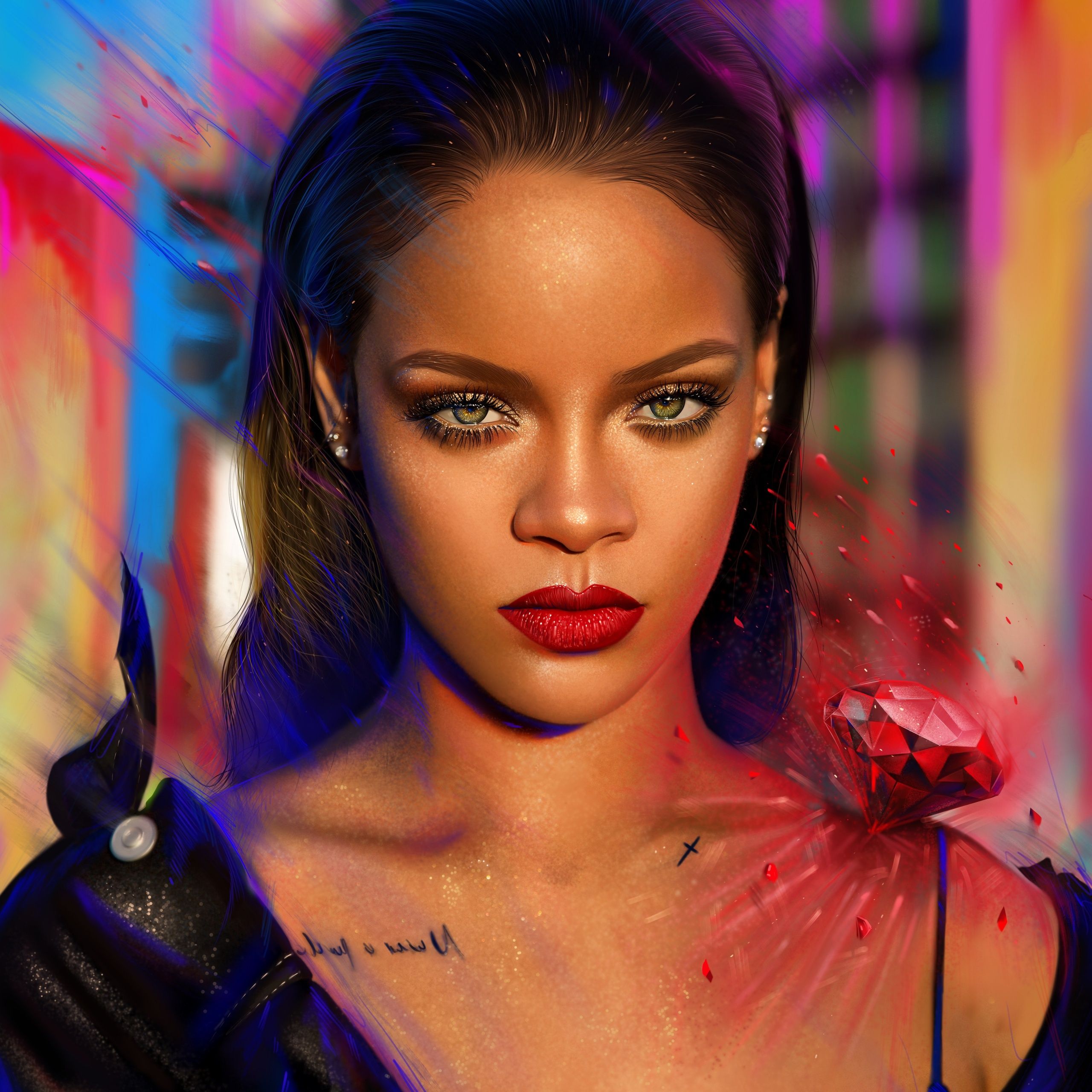 Rihanna, Roter Lippenstift, Bunt, Porträt, Rote Blume, 2K, iPad-Hintergrundbild