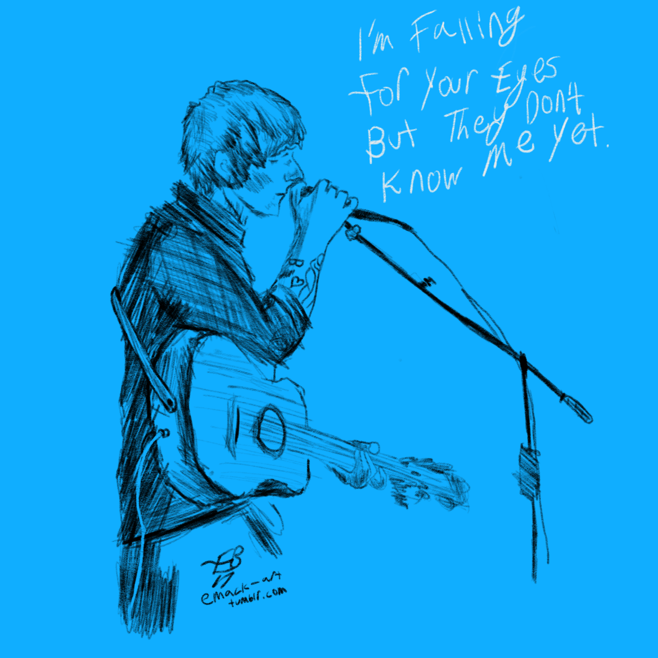 Ed Sheeran, Kiss Me, Zeichnung, Mikrofon, Blauer Hintergrund, HD Wallpaper