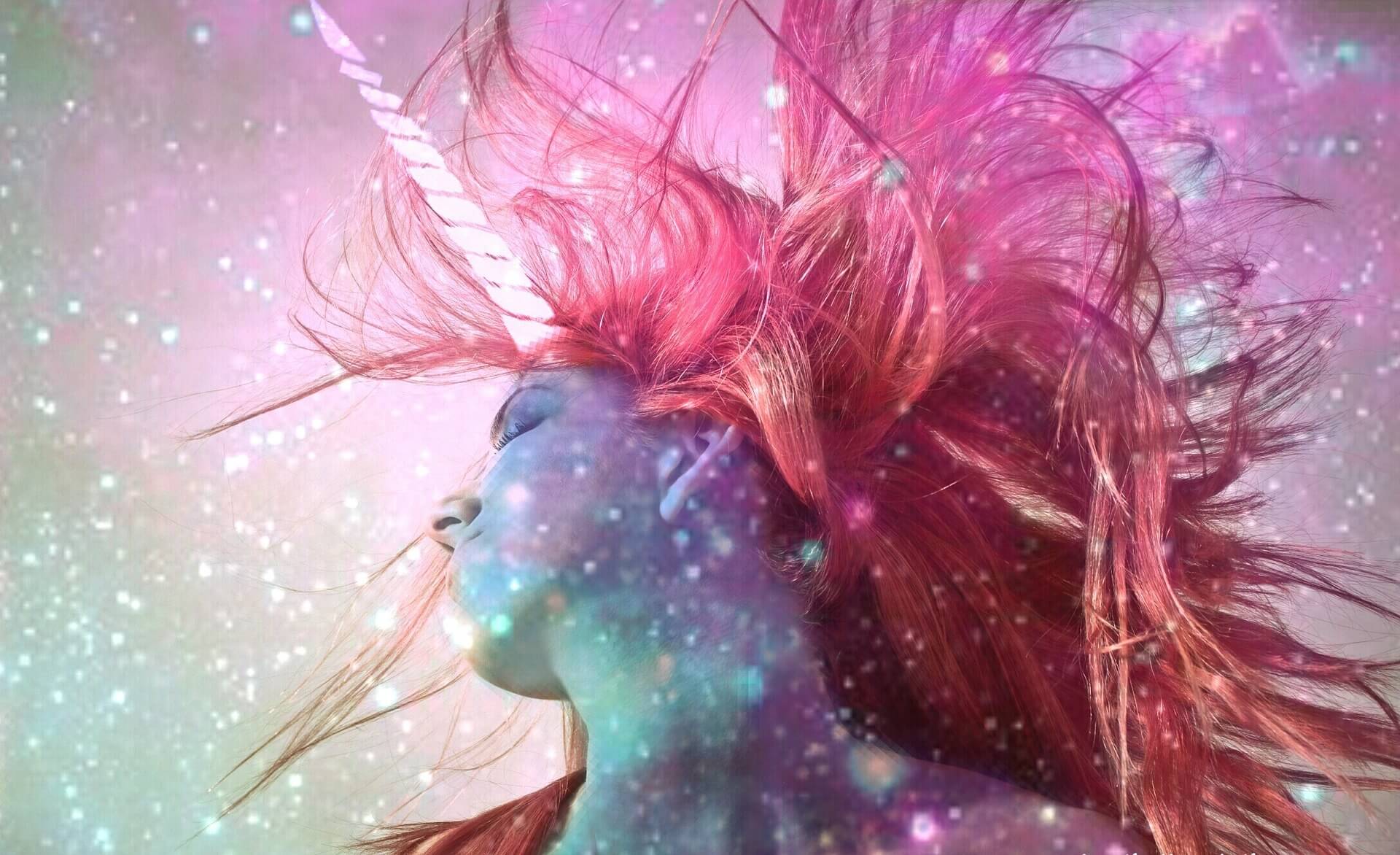 Einhorn, Frau, Sternenstaub, Pinke Haare, Digitale Kunst, Fantasy, Full-HD-Hintergrundbild für PC