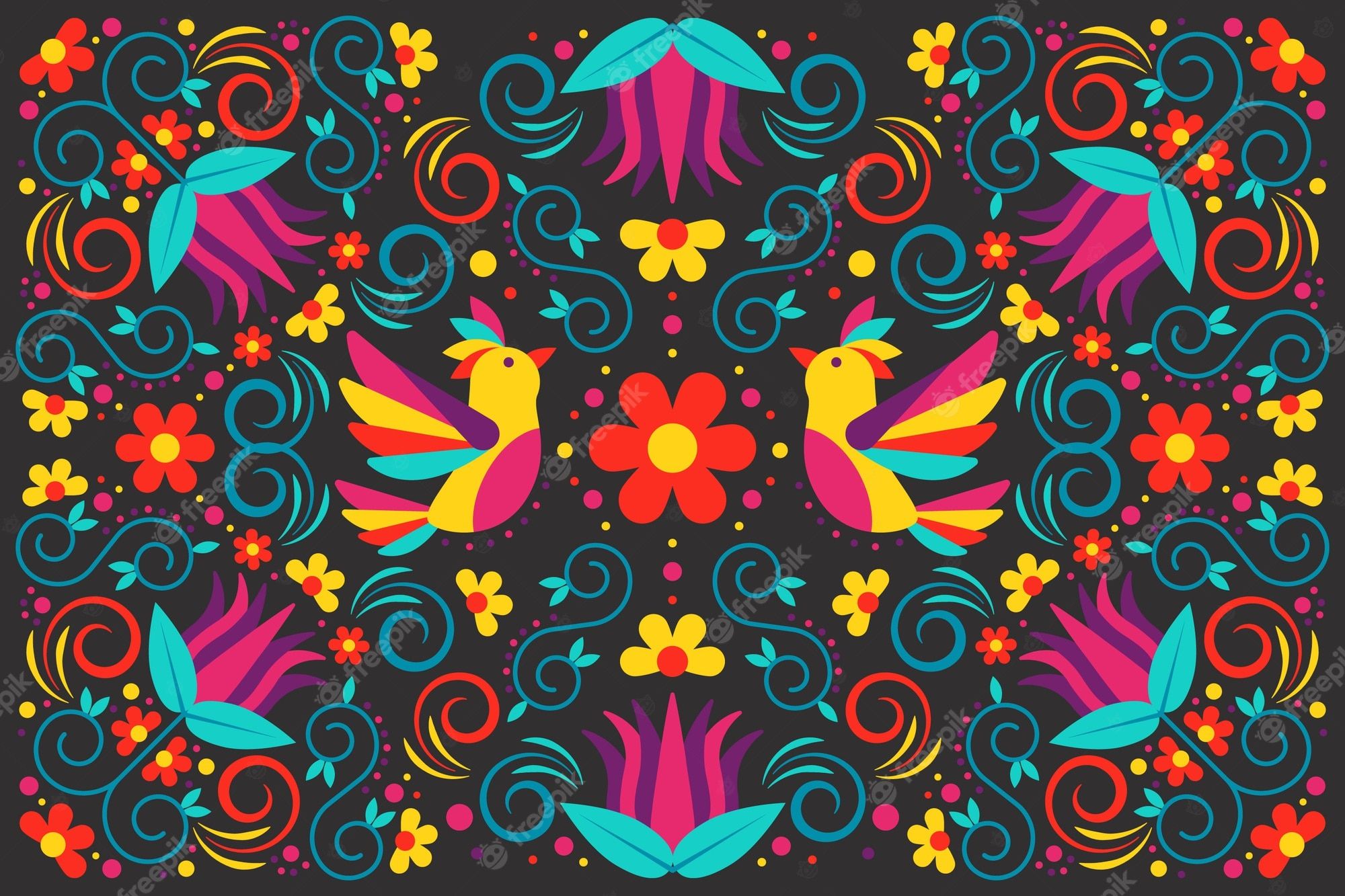 Folklore-Muster, Vögel, Blumen, Mexikanische Kunst, Bunt, Full HD, Laptop-Hintergrundbild