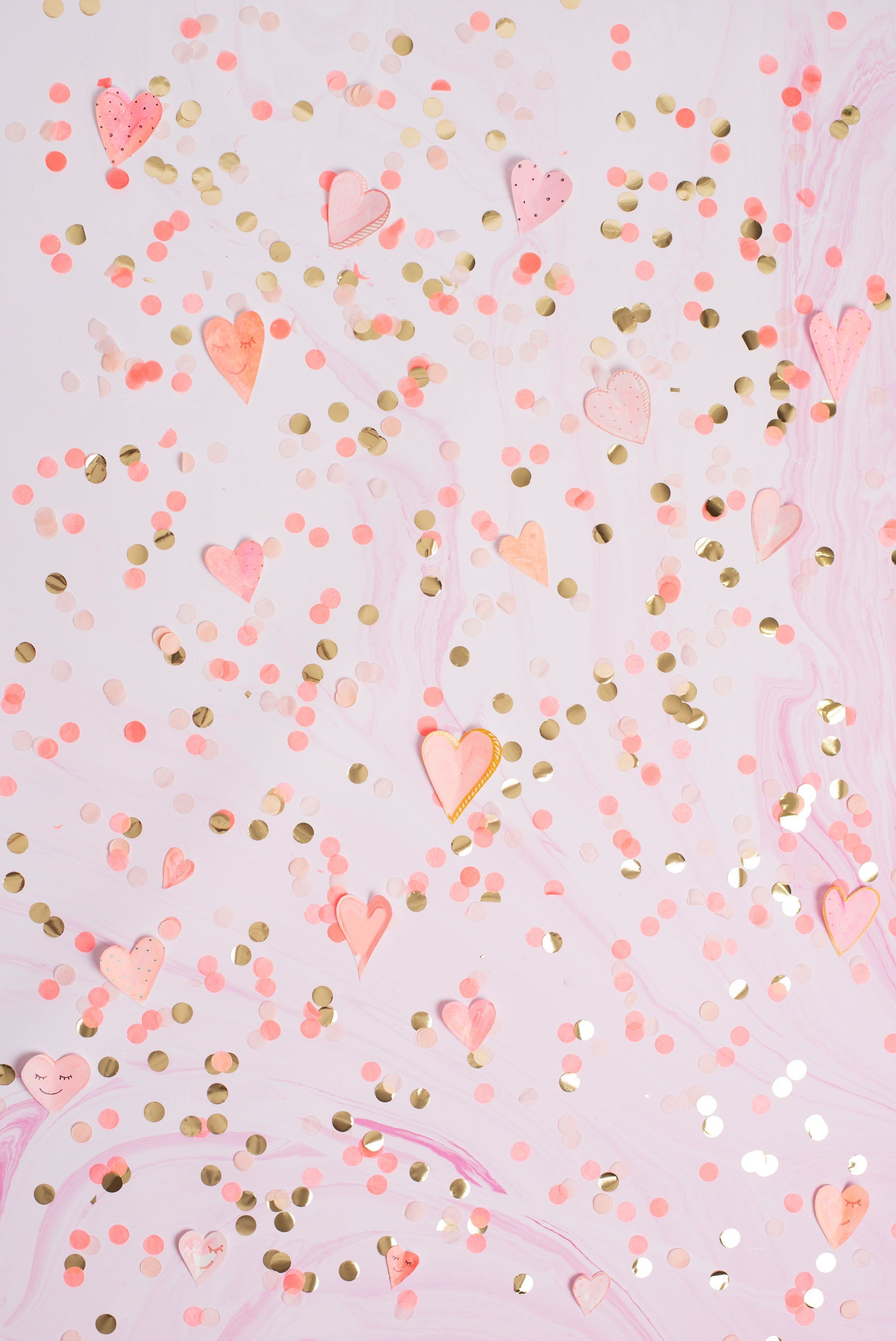 Herzkonfetti, Rosa, Goldpunkte, Romantisch, Hintergrundbild für iPad und Tablet