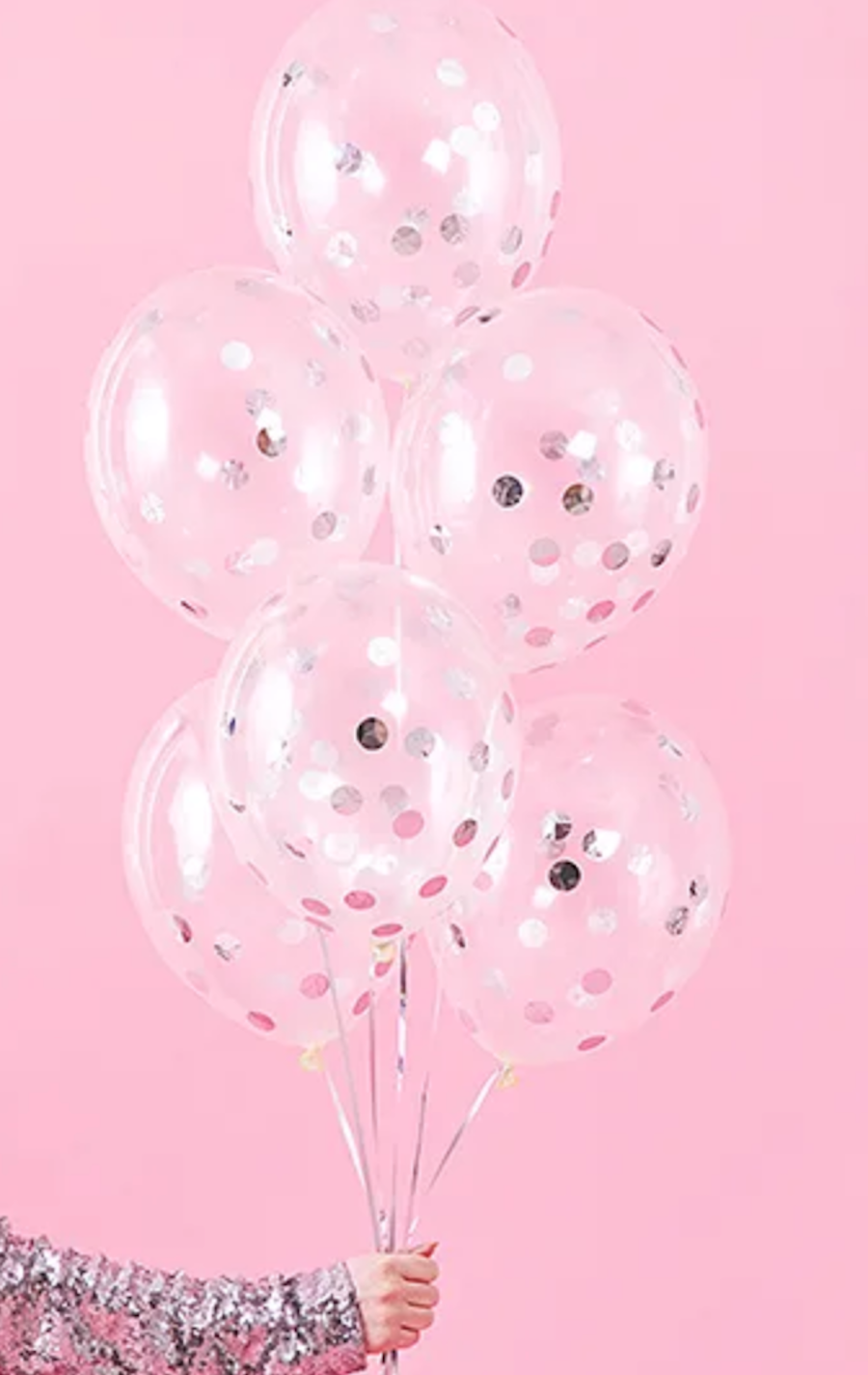 Konfetti-Luftballons, Transparente Ballons, Rosa Hintergrund, Party, Goldpunkte, Sperrbildschirm