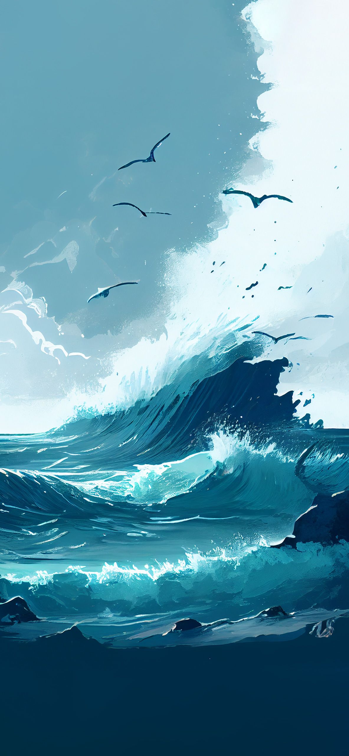 Welle, Möwen, Illustration, Türkis, Gischt, Full HD, Sperrbildschirm fürs iPhone