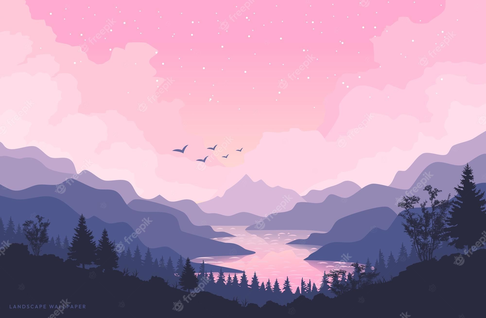 Illustration, Bergtal, Rosa Himmel, Vögel, Flat Design, Lila, Full HD, PC-Hintergrundbild