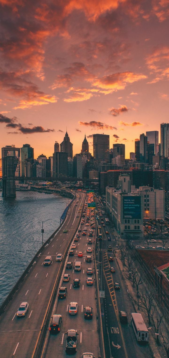 New York City, Skyline, Autobahn, Abendrot, Luftaufnahme, HD, Handy-Hintergrundbild