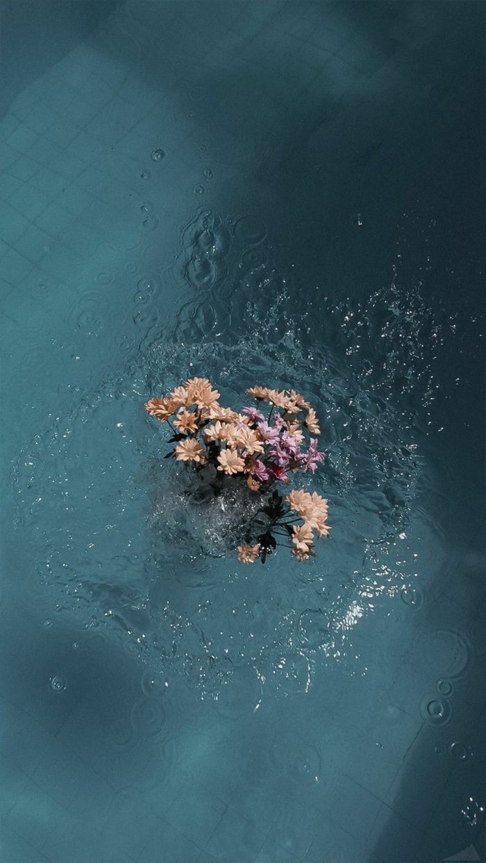 Blumenstrauß, Wasser, Schwimmende Blüten, Türkis, Draufsicht, Android-Hintergrundbild