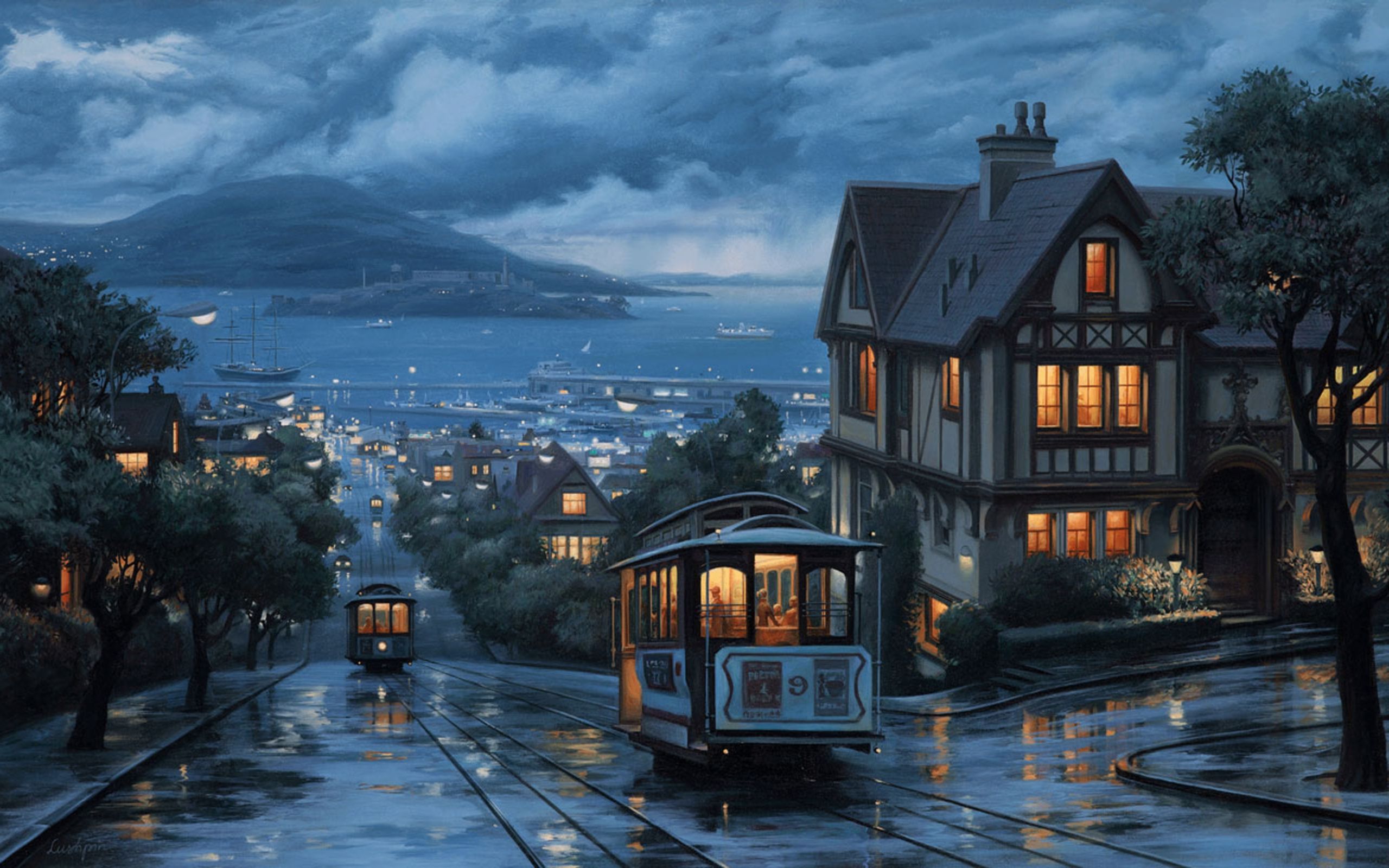 Cable Car, Viktorianisches Haus, Digitale Kunst, Regen, Abend, 2K, Laptop-Hintergrundbild
