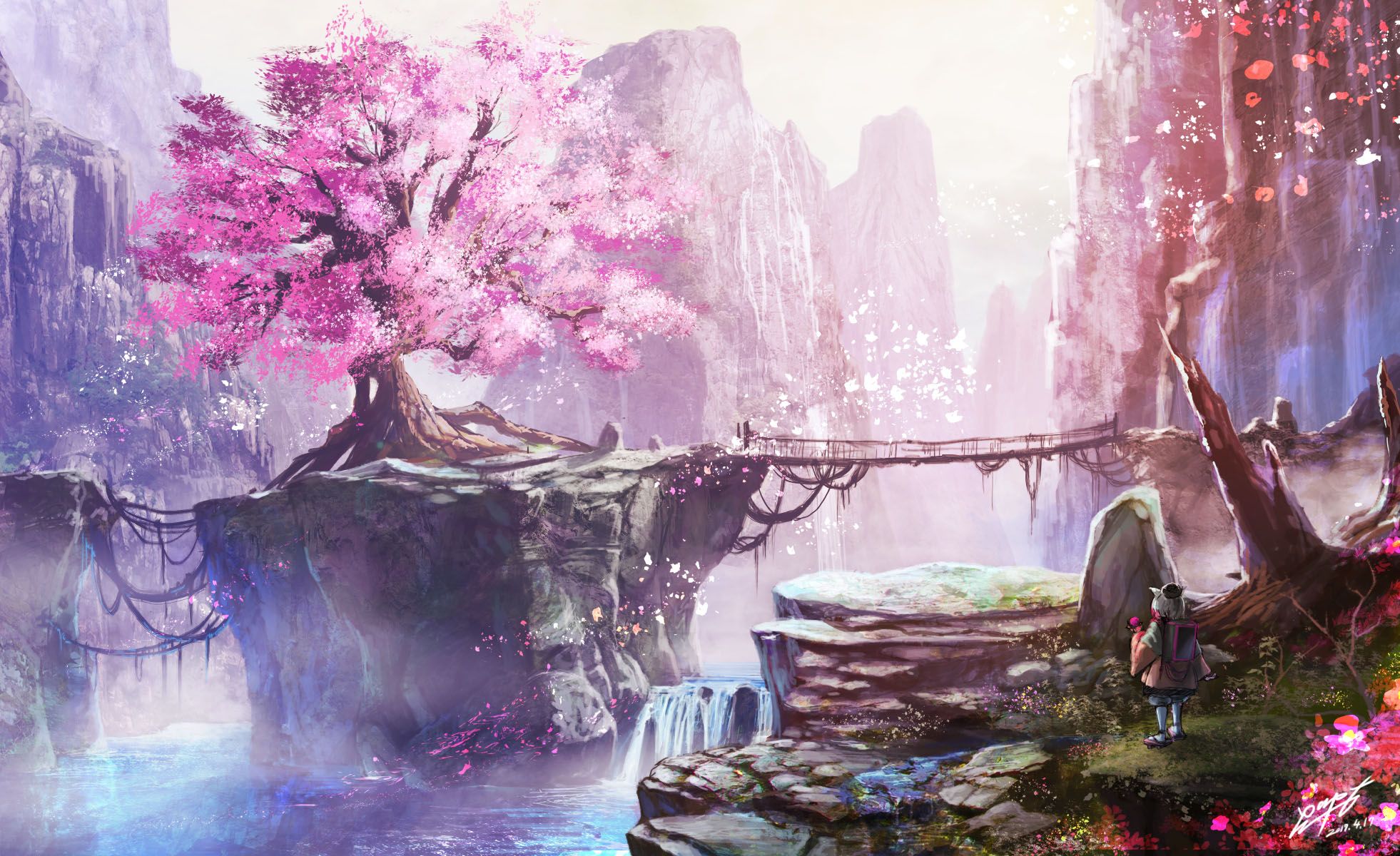 Fantasy, Kirschblütenbaum, Wasserfall, Felsen, Rosa und Lila, Full HD, Laptop-Hintergrundbild