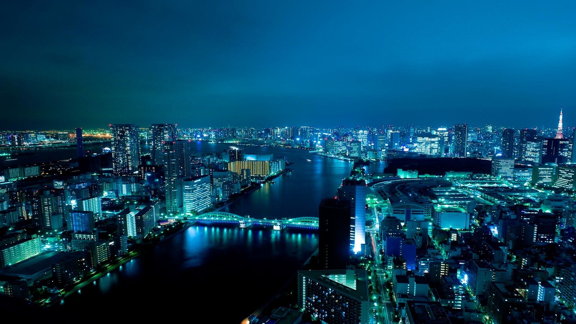 Tokio, Nachtstadt, Skyline, Fluss, Blaue Stunde, 1920x1080, Full-HD-Hintergrundbild für PC