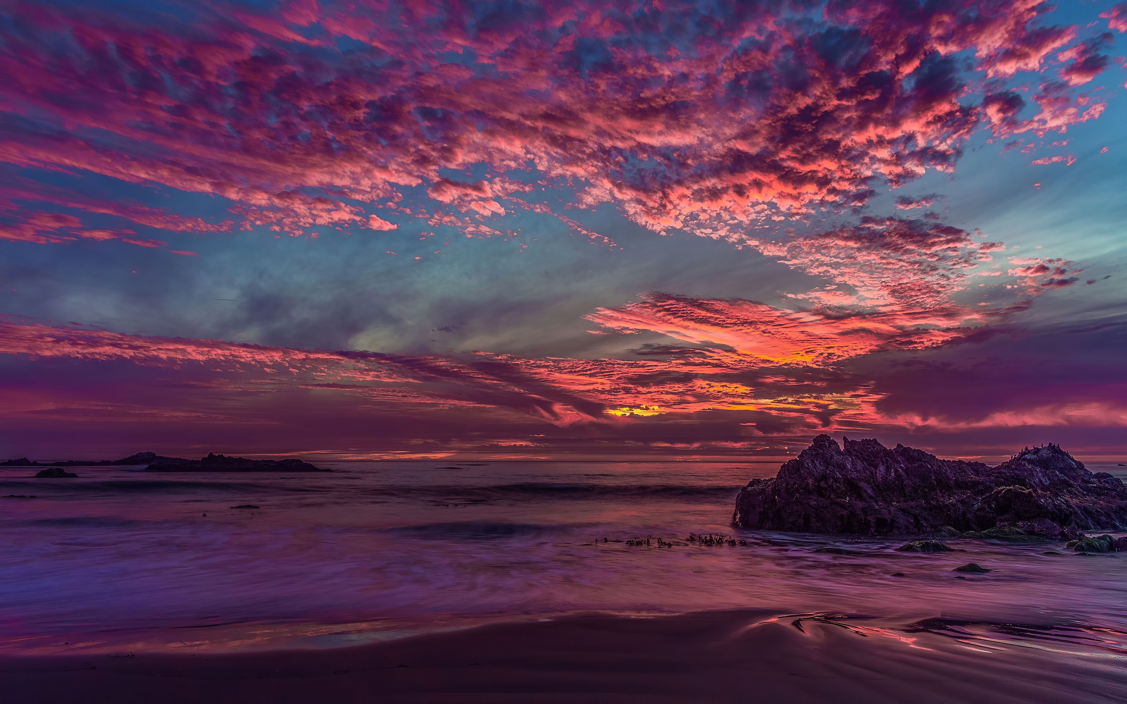 Sonnenuntergang, Rote Wolken, Felsen, Meer, Lila, 16:10, 4K-Hintergrundbild für den Desktop