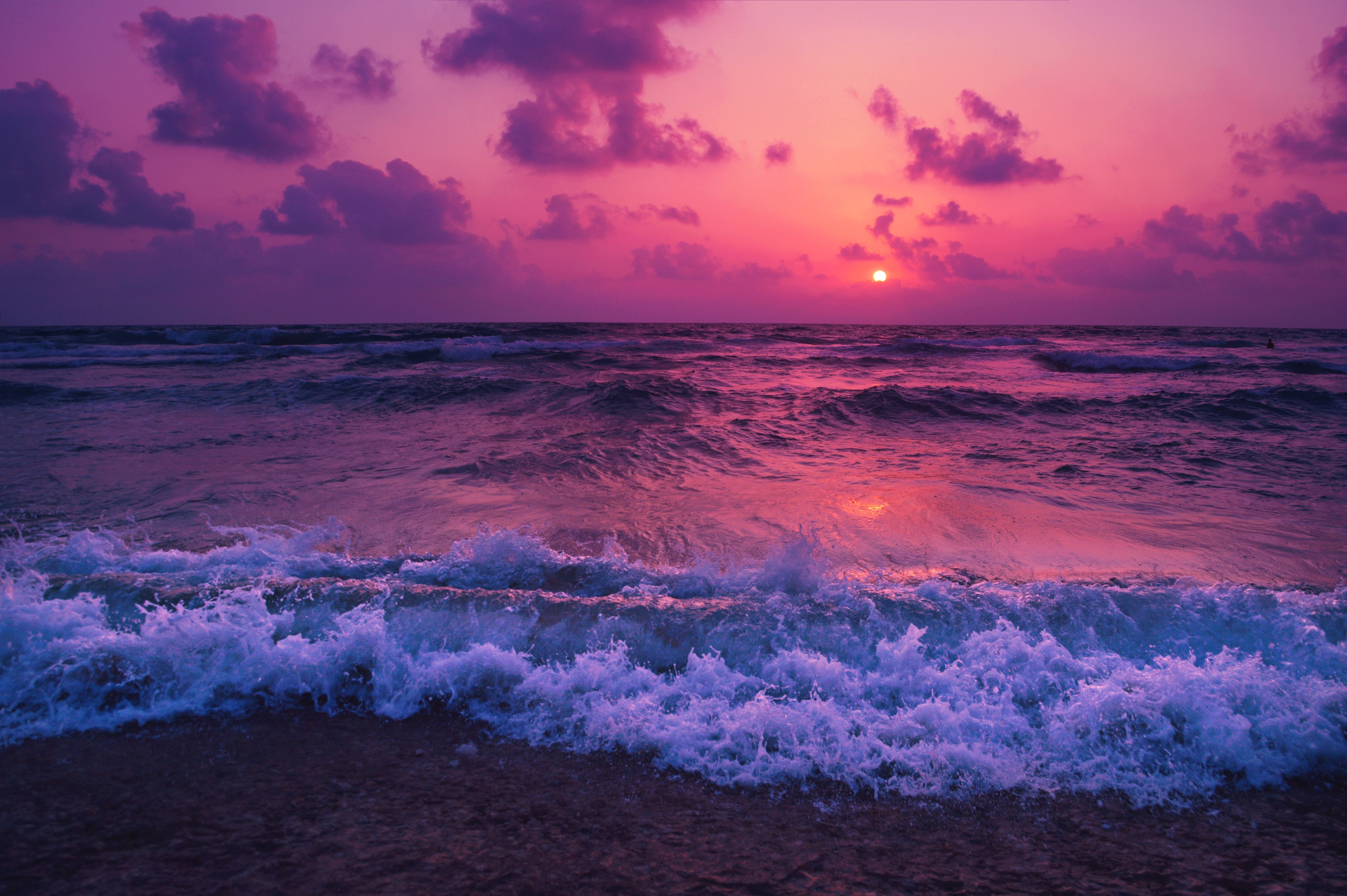Sonnenuntergang, Pinker Himmel, Wellen, Brandung, Lila, 5K, Hintergrund für den Desktop
