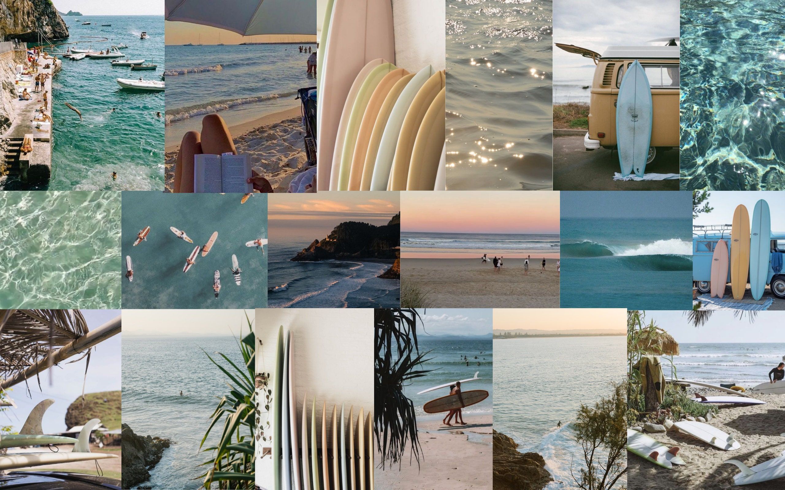 Collage, Surfbretter, Meer, Sommer, Ästhetik, 2K, Hintergrundbild für den PC