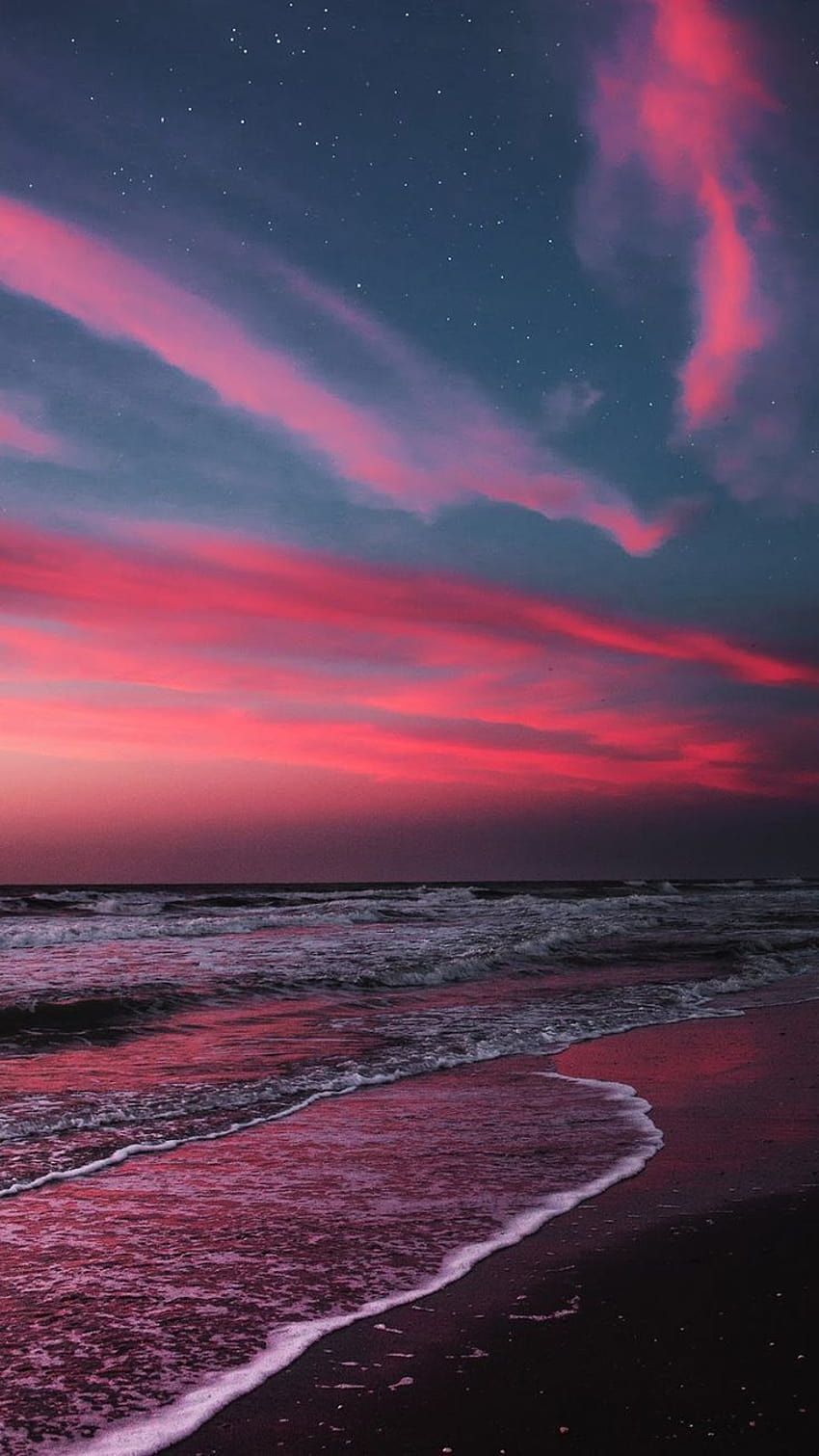 Rosa Wolken, Wellen, Nacht, Dramatischer Himmel, Dunkel, HD, Handy-Hintergrund