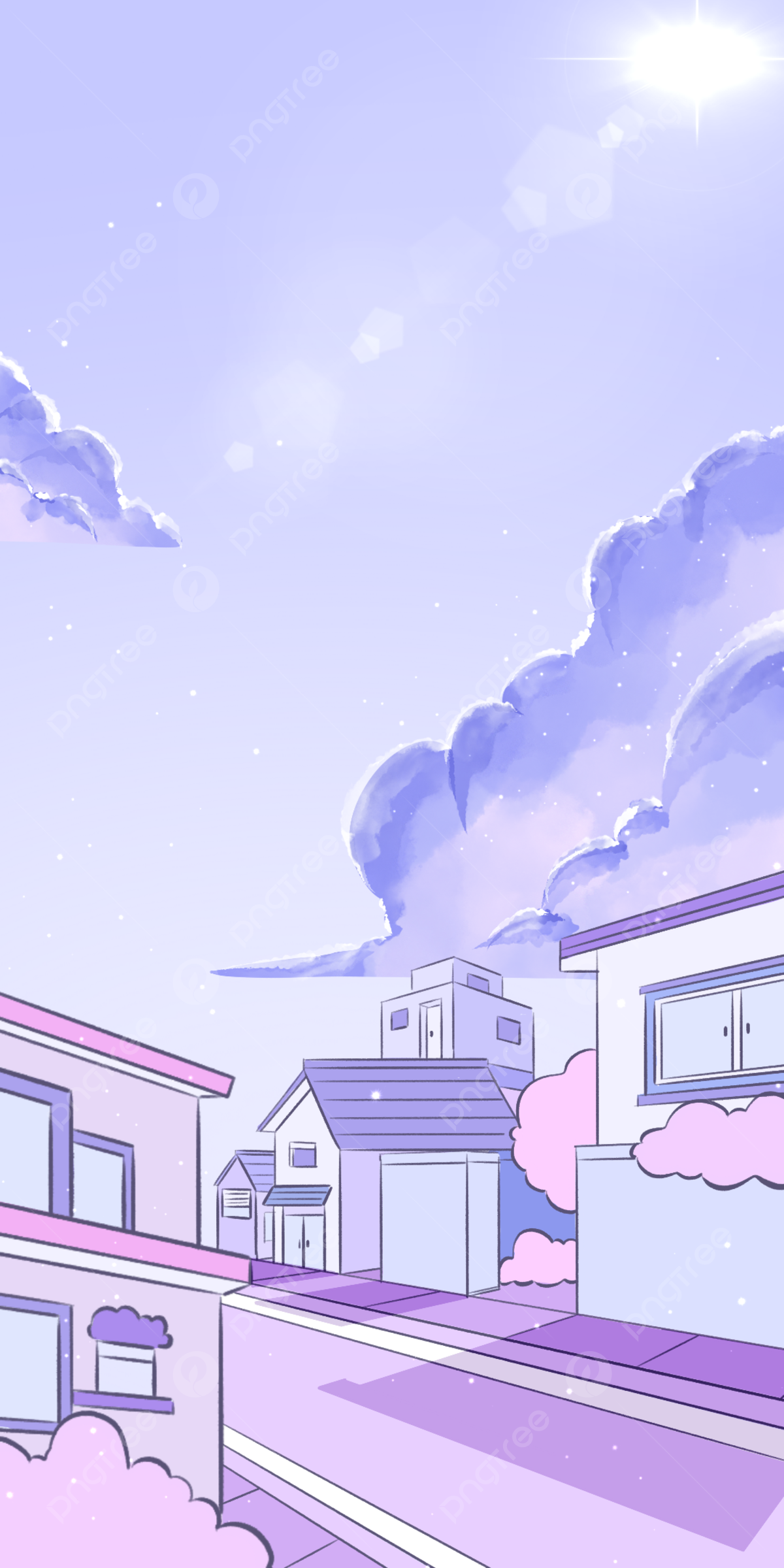 Anime, Häuser, Pastell-Lila, Wolken, Straße, Lo-Fi, Hintergrundbild für iPhone und Android