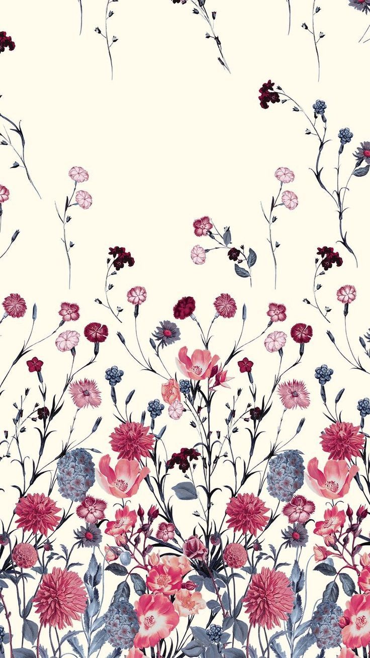 Blumenmuster, Wildblumen, Cremefarbener Hintergrund, Illustration, Rot und Blau, Sperrbildschirm