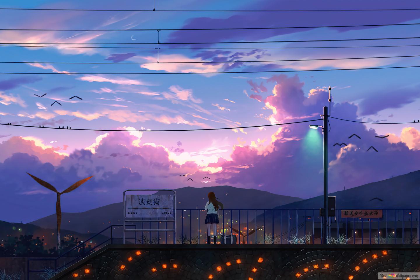 Anime, Bahnsteig, Wolken, Stromleitungen, Abendhimmel, HD, Desktop-Hintergrund für Windows