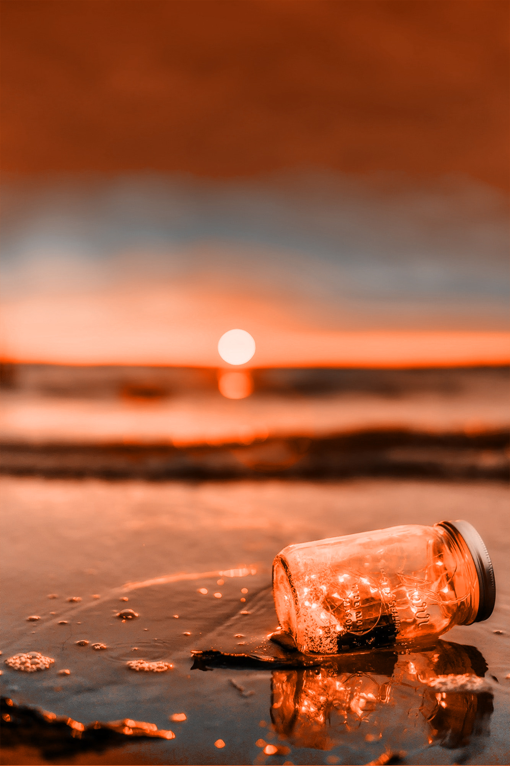 Flaschenpost, Strand, Sonne, Bokeh, Orange, HD, Handy-Hintergrund im Hochformat