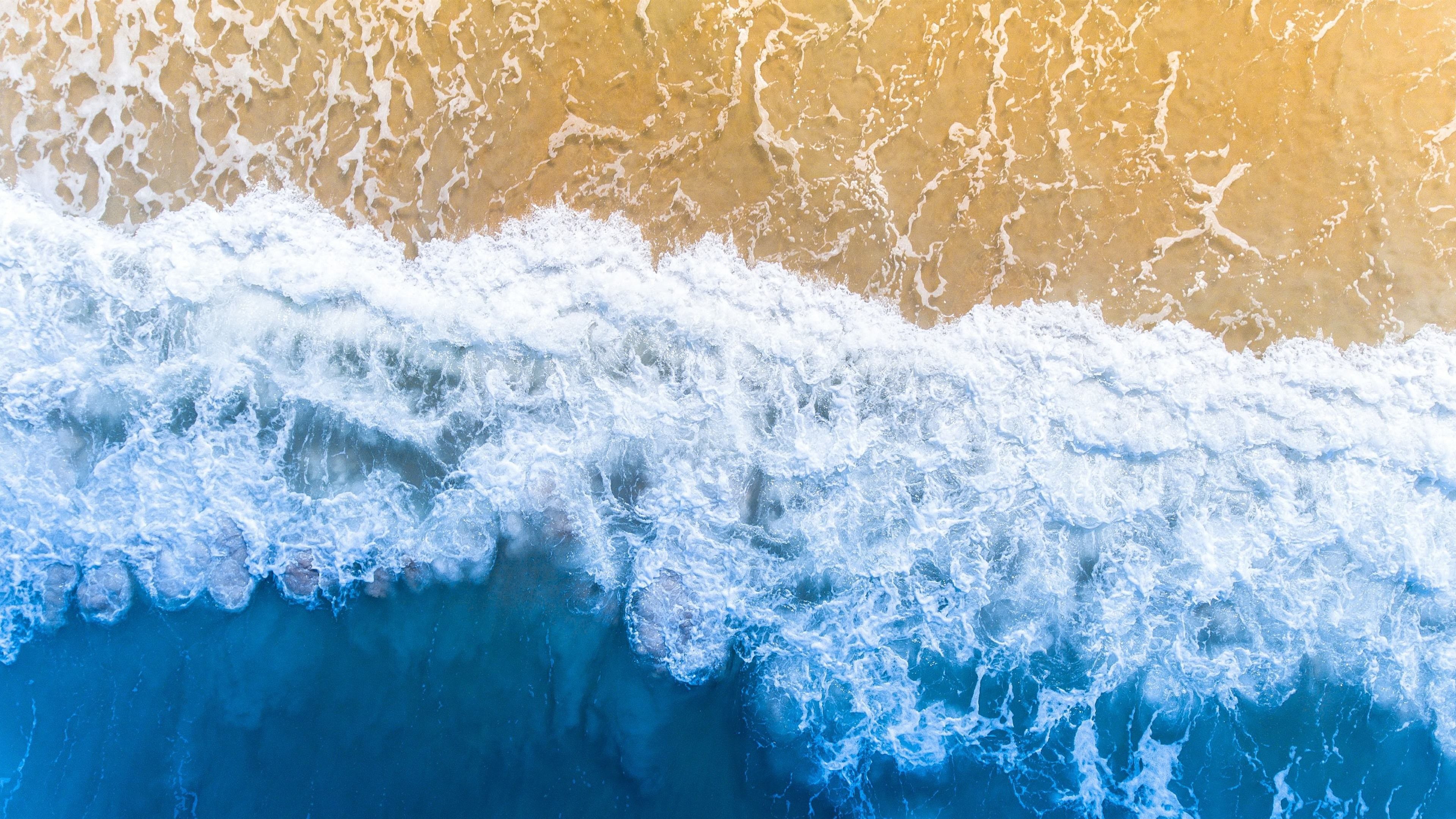 Welle, Luftaufnahme, Gischt, Goldener Sand, Blau, 4K, Hintergrundbild für den PC