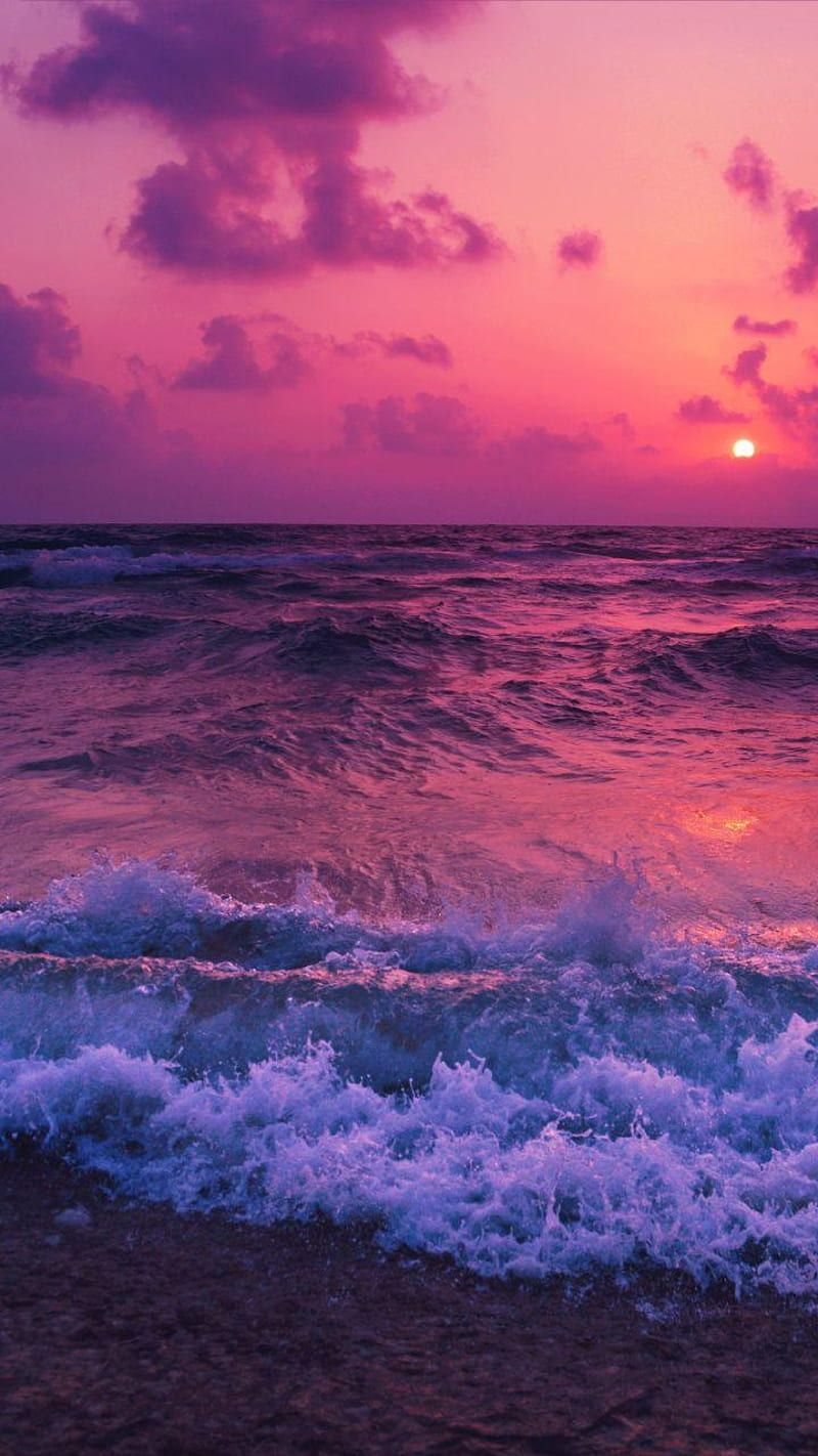 Meer, Sonnenuntergang, Pink, Violett, Wellen, HD, Sperrbildschirm fürs iPhone