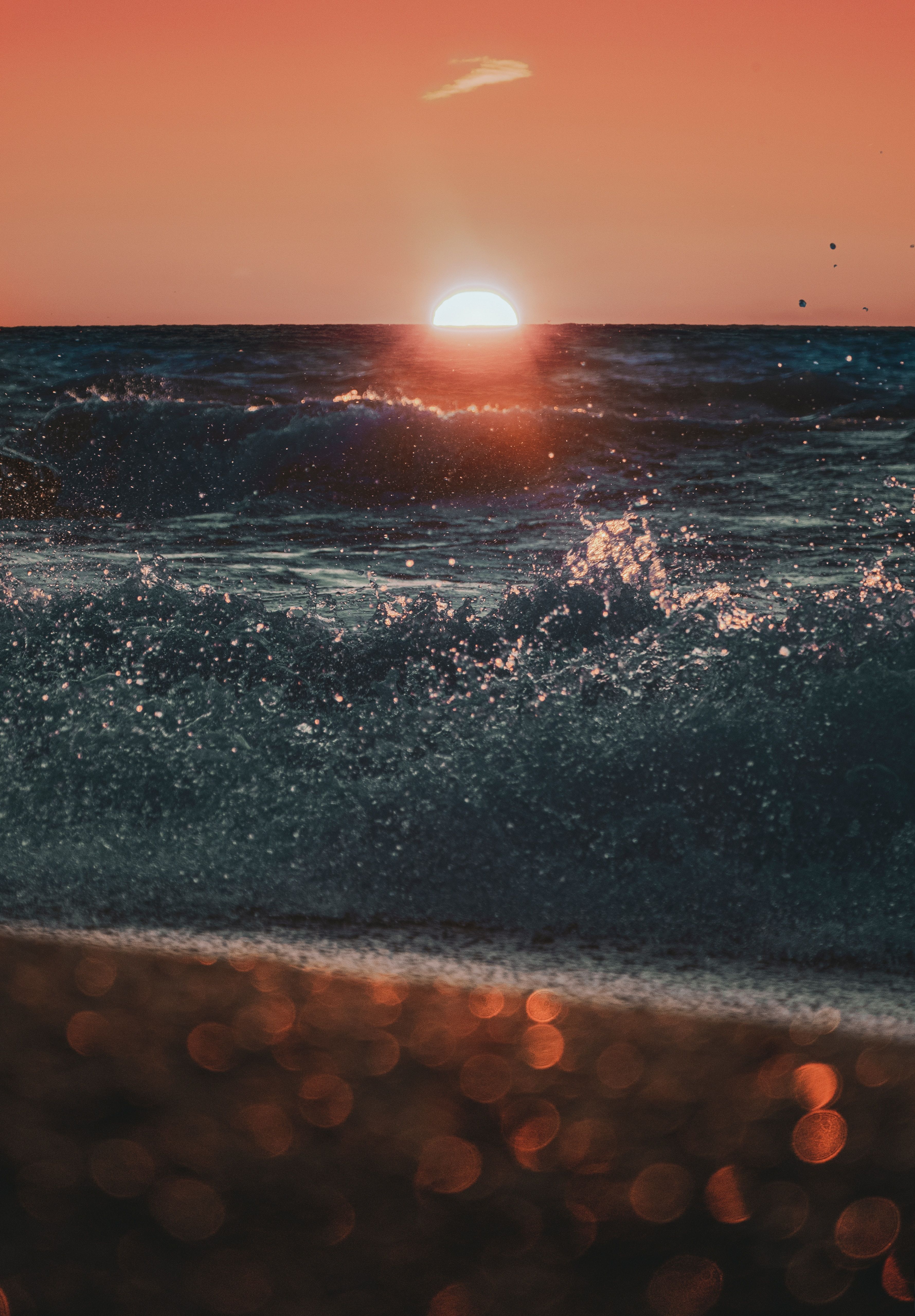 Sonnenuntergang, Wellen, Bokeh, Orange, QHD+, iPad-Hintergrundbild