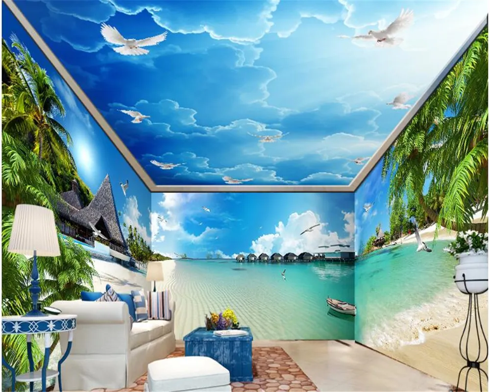 Fototapete, Wohnzimmer, Tropenstrand, Möwen, Wasserbungalows, Hintergrundbild