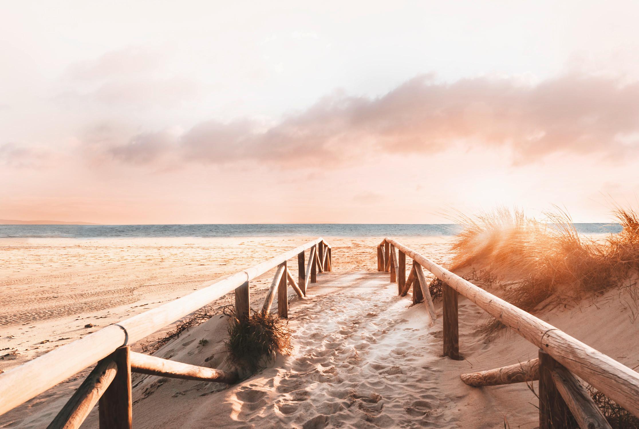 Holzsteg, Dünen, Strandgras, Sonnenuntergang, Pastell, Full HD, Desktop-Hintergrund für Windows